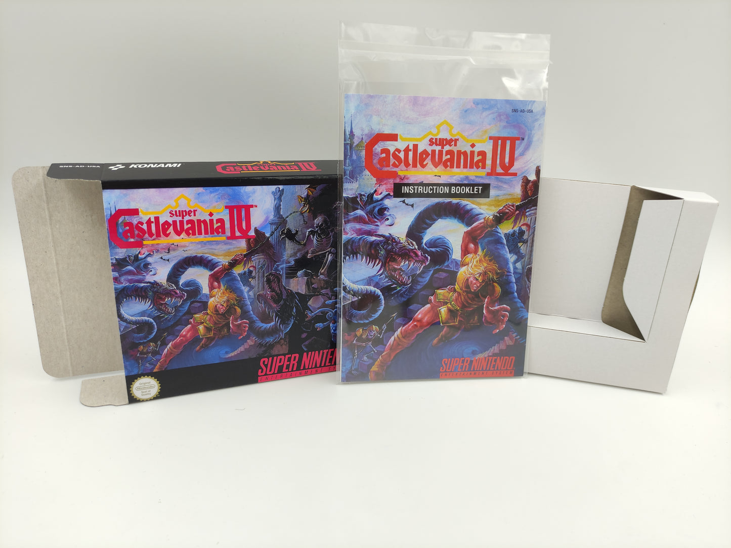 Super Castlevania IV - Box Replacement, Manual, Inner Tray - PAL or NTSC - Snes - thick cardboard as in the original. Top Quality !