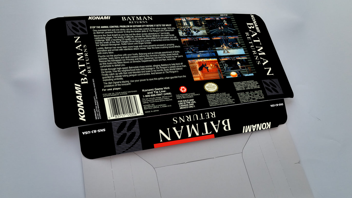 Batman Returns - box with inner tray option - NTSC or PAL - Super Nintendo/ SNES- thick cardboard. Top Quality !!
