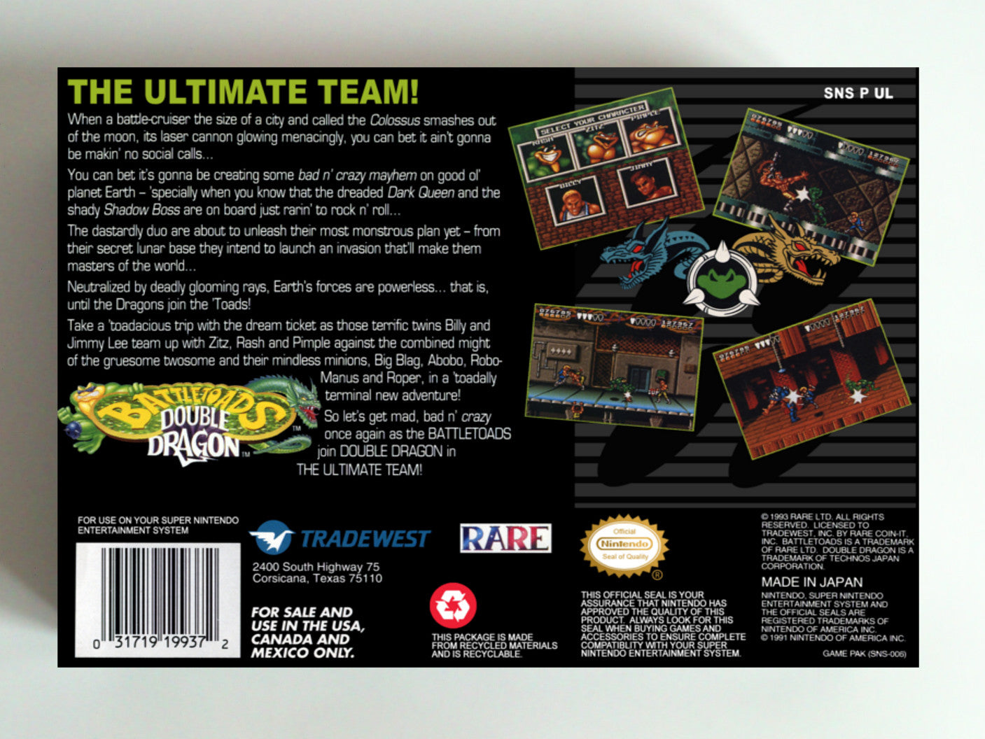 Battletoads Double Dragon The Ultimate Team - NTSC or PAL - box with inner tray option - SNES - thick cardboard as in the original.