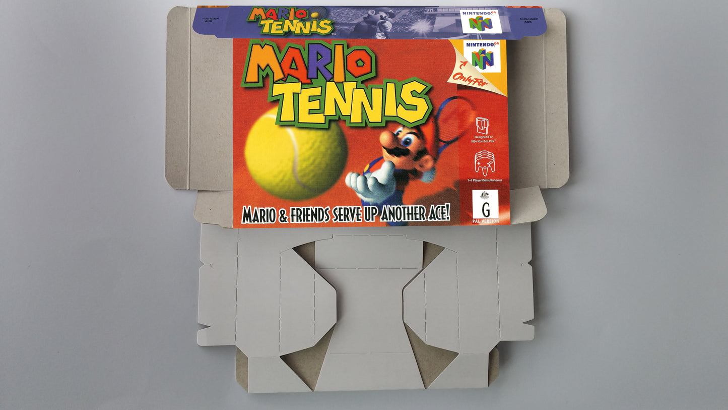 Mario Tennis - NTSC, PAL or Australian PAL - box with inner tray option - Nintendo 64/ N64 - thick cardboard as in the original.
