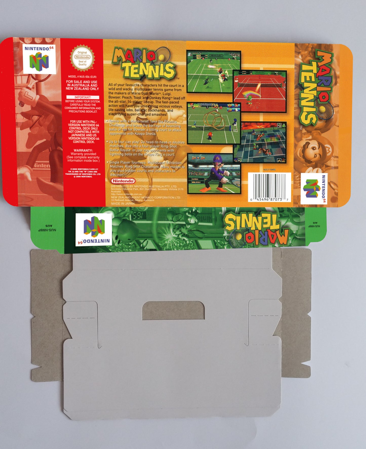 Mario Tennis - NTSC, PAL or Australian PAL - box with inner tray option - Nintendo 64/ N64 - thick cardboard as in the original.
