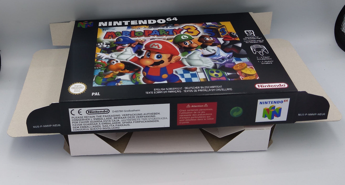 Mario Party 3 - box with inner tray option - PAL, Australian PAL or NTSC - Nintendo 64/ N64 - thick cardboard as in the original.