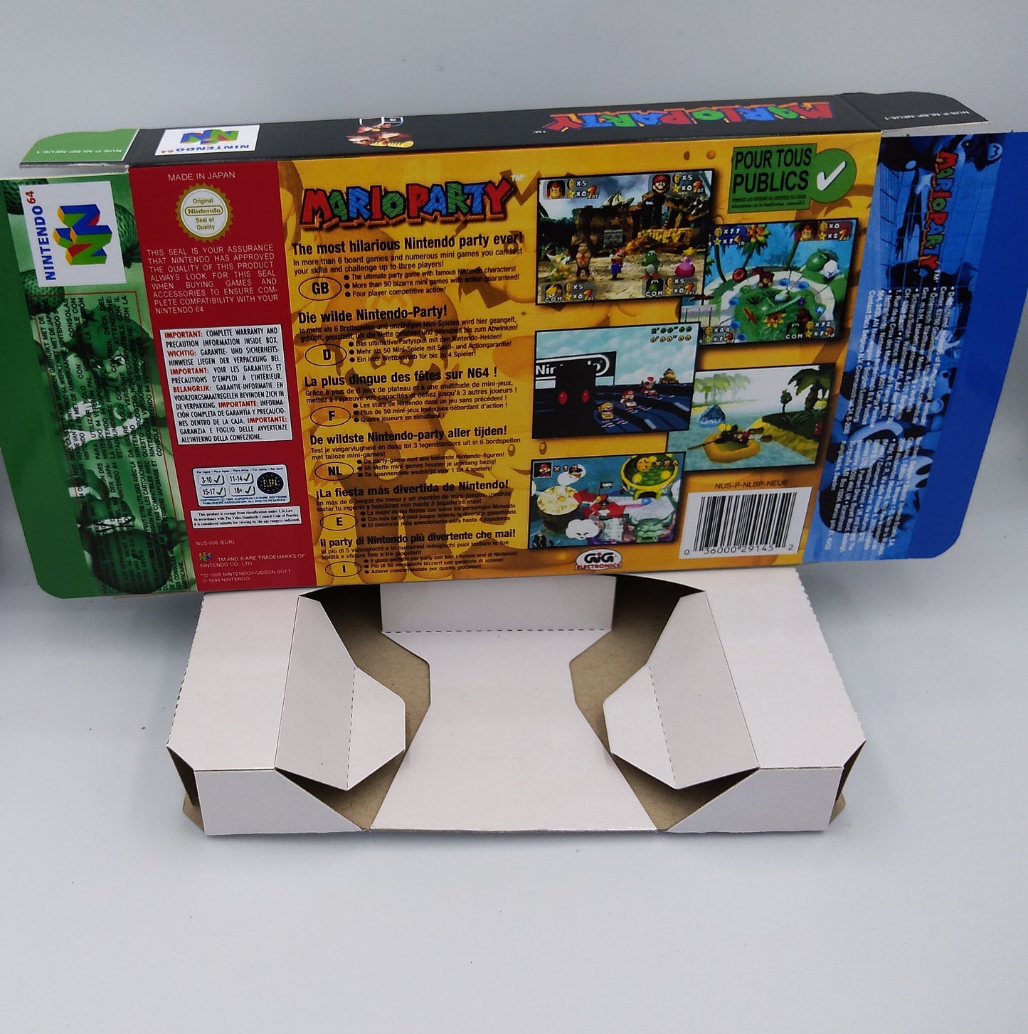 Mario Party - box with inner tray option - Nintendo 64 - Region PAL, NTSC, Australian PAL, Japan Ntsc - thick cardboard as in the original.