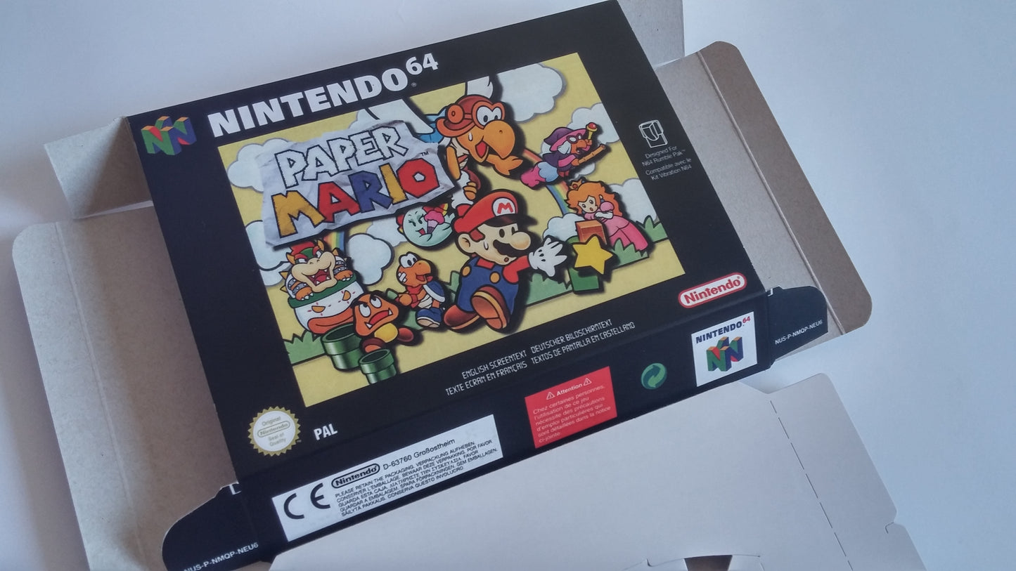 Paper Mario - Replacement Box, Manual, Inner Tray - PAL, Australian PAL or NTSC - Nintendo 64/ N64 - thick cardboard as in the original.