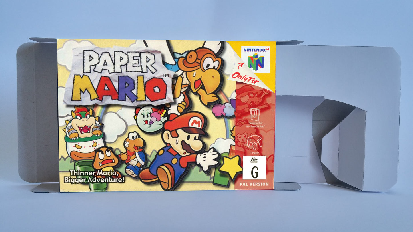 Paper Mario - Replacement Box, Manual, Inner Tray - PAL, Australian PAL or NTSC - Nintendo 64/ N64 - thick cardboard as in the original.