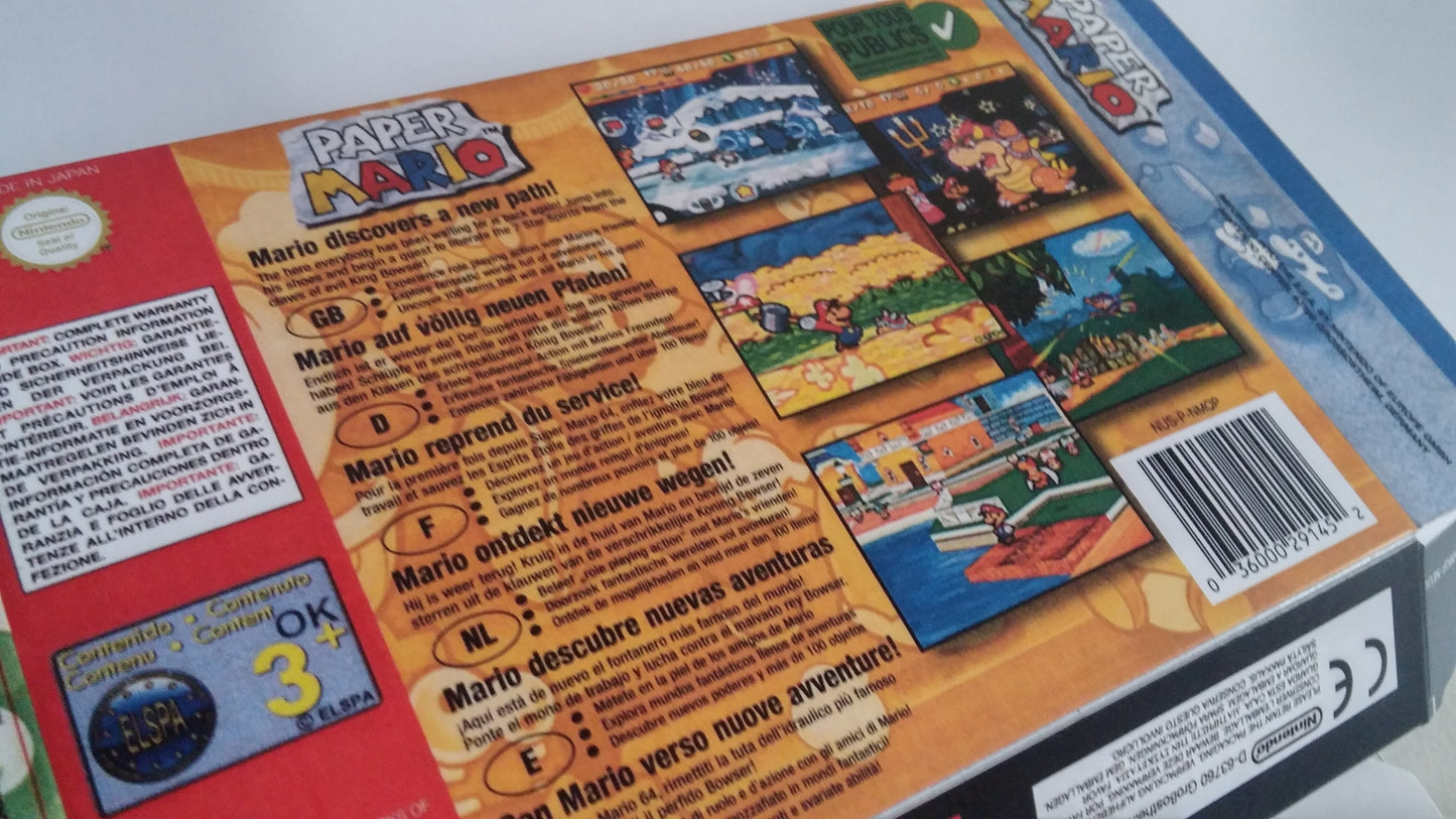 Paper Mario - Replacement Box, Manual, Inner Tray - PAL, Australian PAL or NTSC - Nintendo 64/ N64 - thick cardboard as in the original.