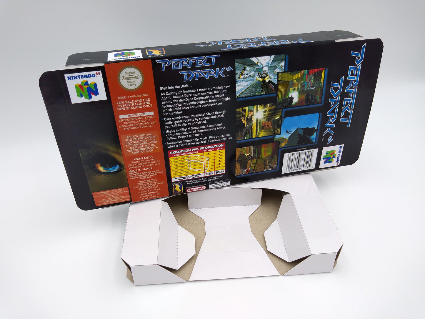 Perfect Dark - Box with inner tray option - NTSC, PAL or Australian PAL - N64 - thick cardboard as in the original. Top Quality !!