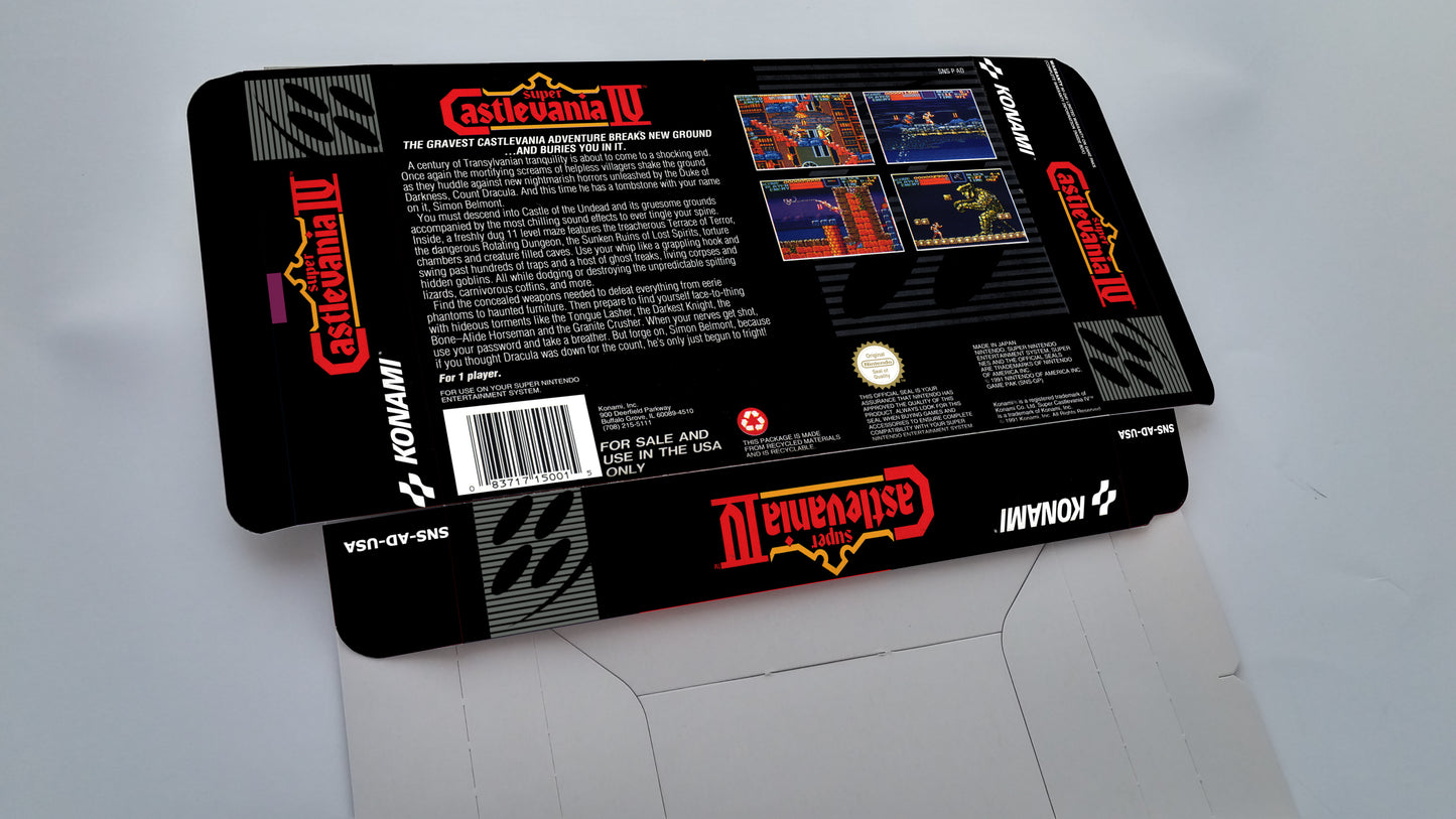 Super Castlevania IV - Box Replacement, Manual, Inner Tray - PAL or NTSC - Snes - thick cardboard as in the original. Top Quality !