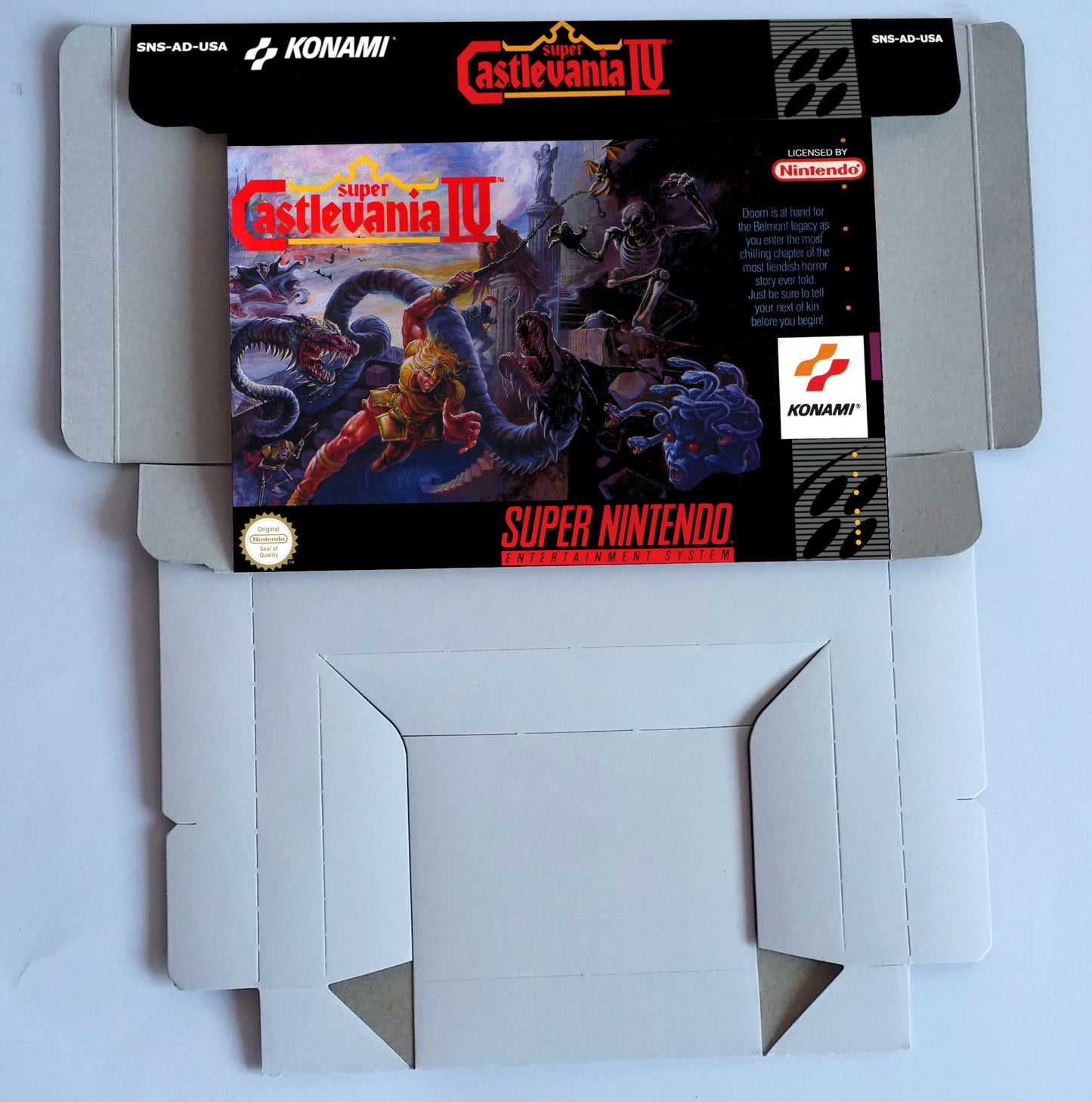 Super Castlevania IV - Box Replacement, Manual, Inner Tray - PAL or NTSC - Snes - thick cardboard as in the original. Top Quality !