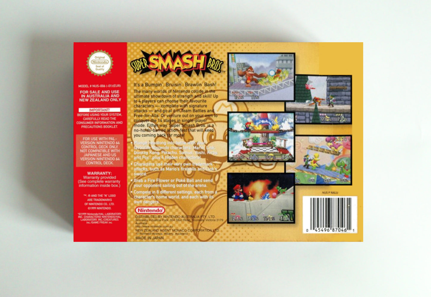 Super Smash Bros box with inner tray option - Nintendo 64 - PAL, NTSC, Australian PAL, Japan Ntsc - thick cardboard as in the original.