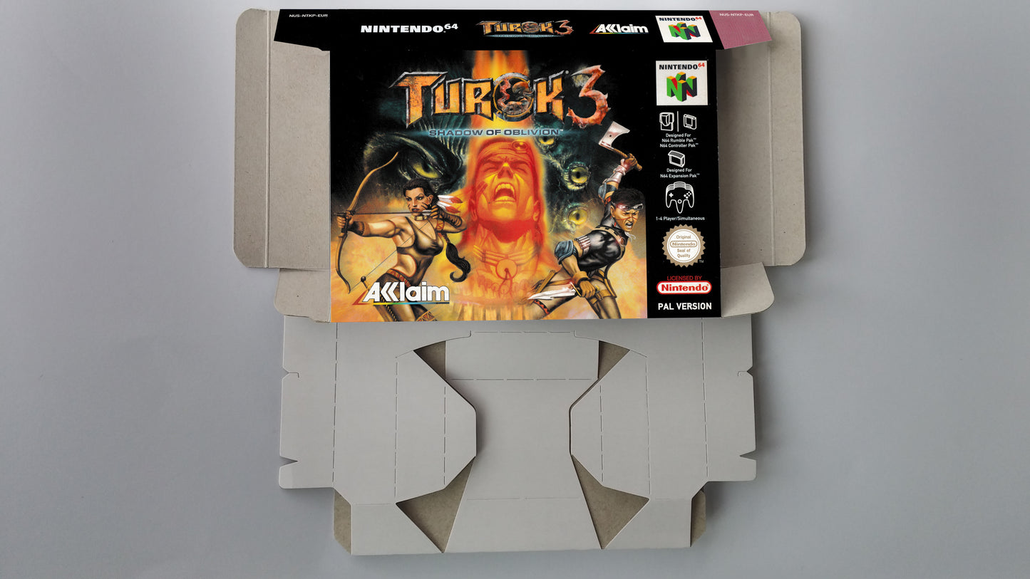 Turok 3 Shadow of Oblivion - box with inner tray option - NTSC or PAL - N64 - thick cardboard as in the original. Top Quality !!