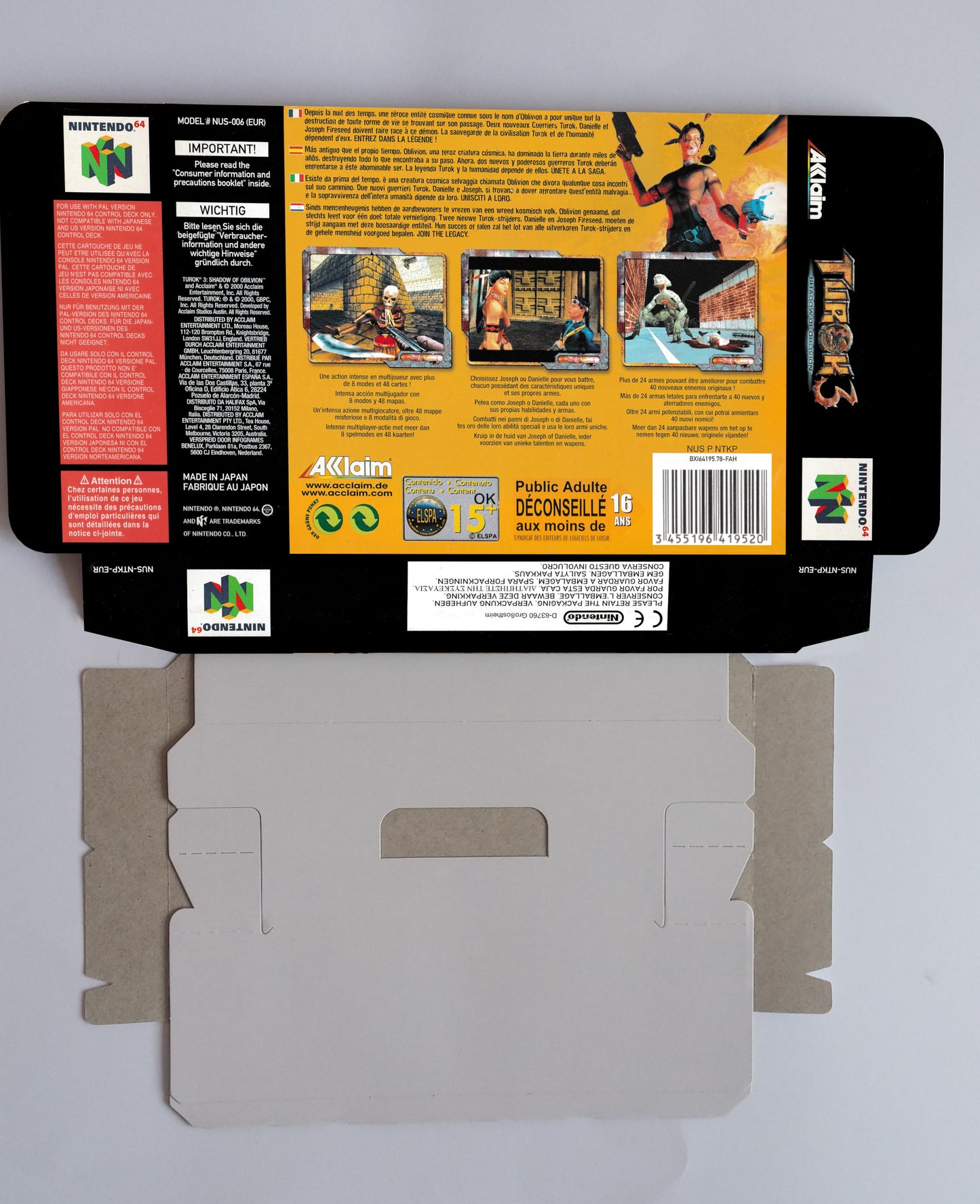 Turok 3 Shadow of Oblivion - box with inner tray option - NTSC or PAL - N64 - thick cardboard as in the original. Top Quality !!