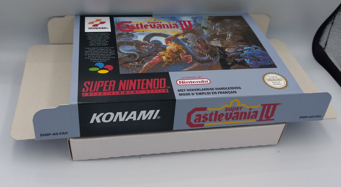 Super Castlevania IV - Box Replacement, Manual, Inner Tray - PAL or NTSC - Snes - thick cardboard as in the original. Top Quality !