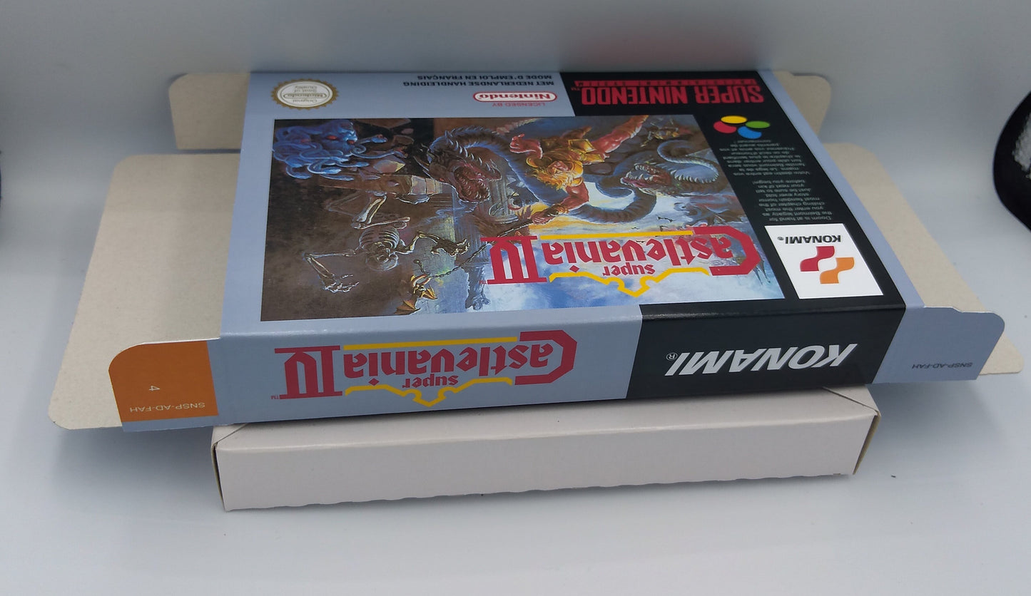 Super Castlevania IV - Box Replacement, Manual, Inner Tray - PAL or NTSC - Snes - thick cardboard as in the original. Top Quality !