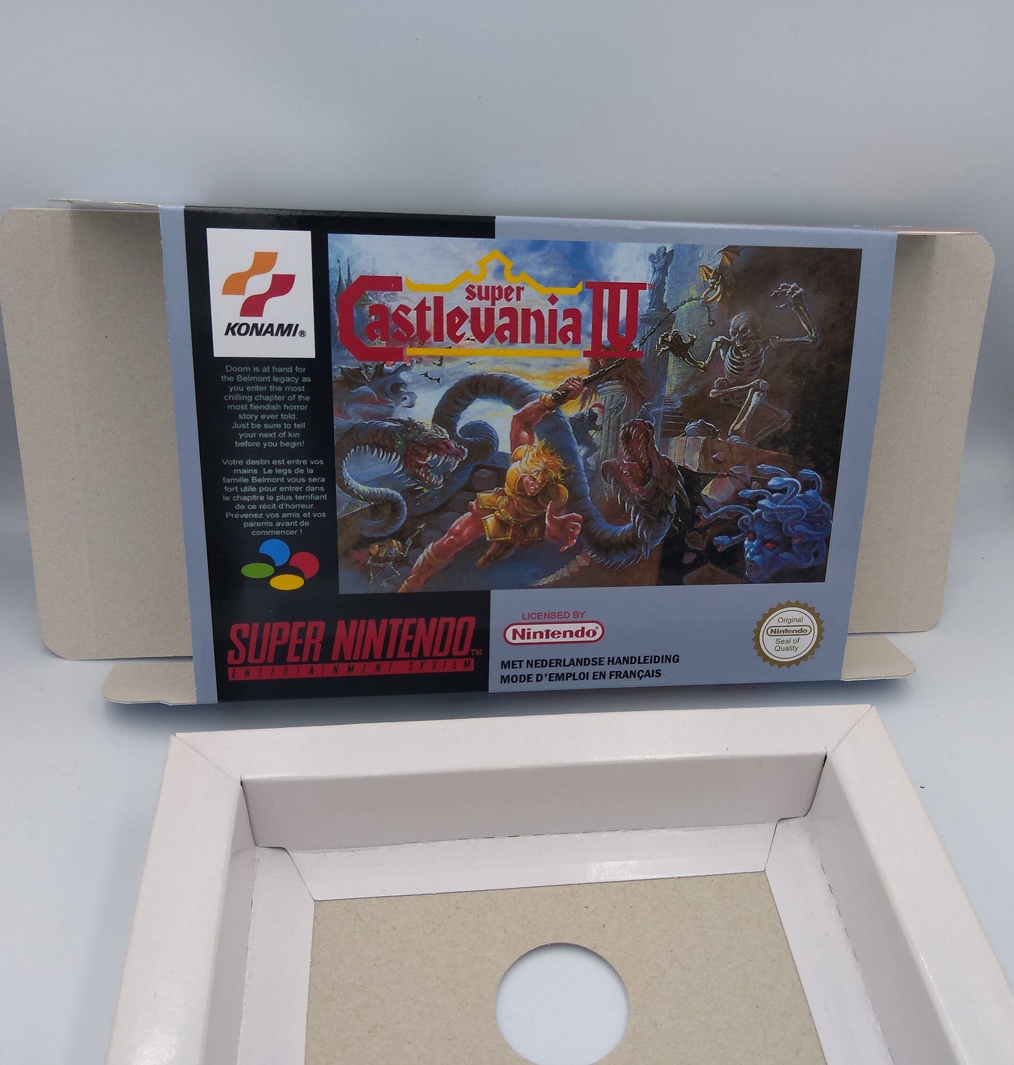 Super Castlevania IV - Box Replacement, Manual, Inner Tray - PAL or NTSC - Snes - thick cardboard as in the original. Top Quality !