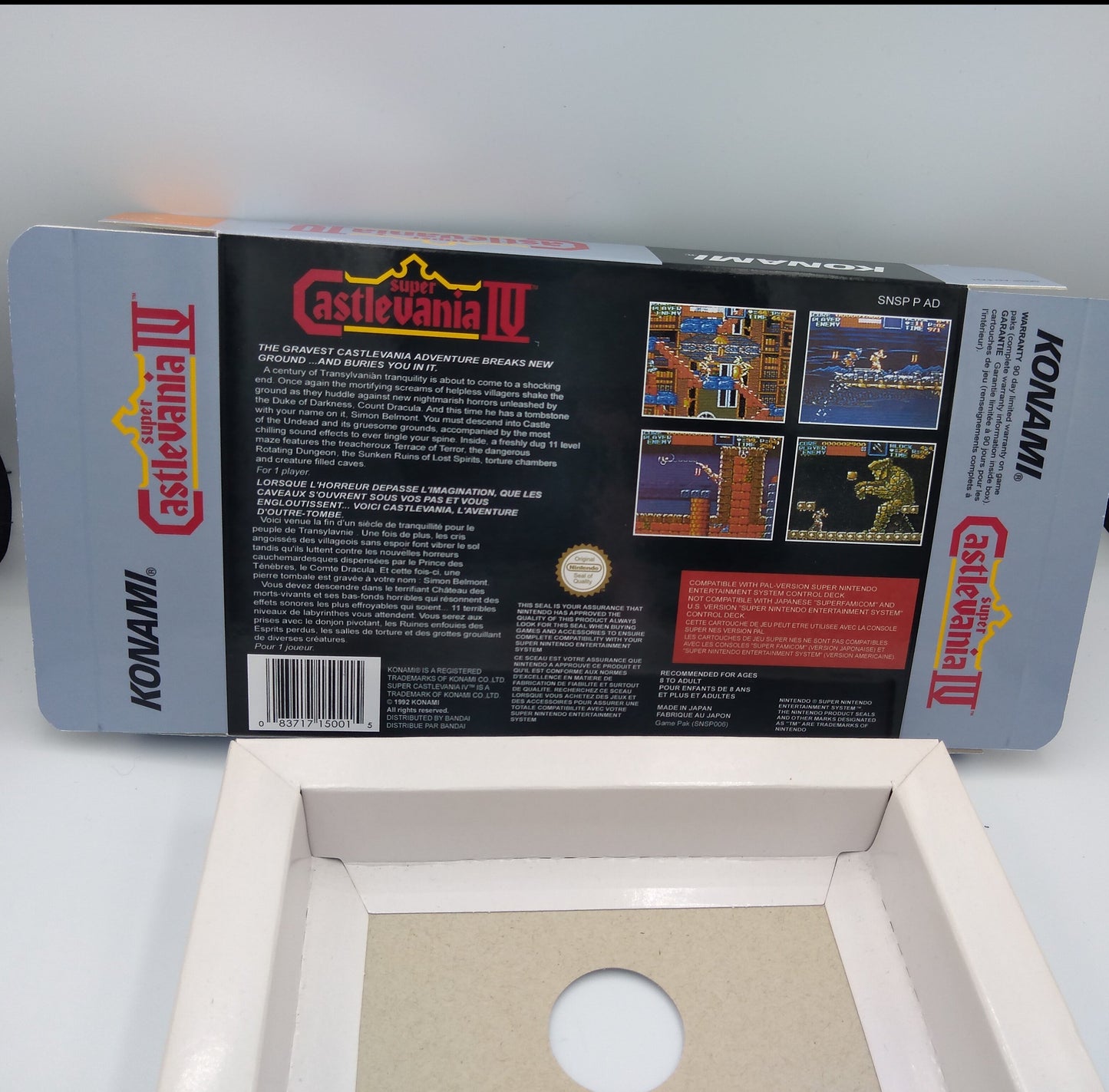 Super Castlevania IV - Box Replacement, Manual, Inner Tray - PAL or NTSC - Snes - thick cardboard as in the original. Top Quality !