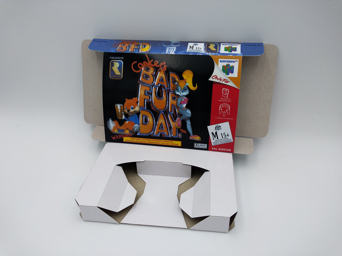 Conker Bad Fur Day - Box Replacement, Manual, Inner tray - PAL, Australian PAL or NTSC - Nintendo 64/ N64 - thick cardboard as in the original.