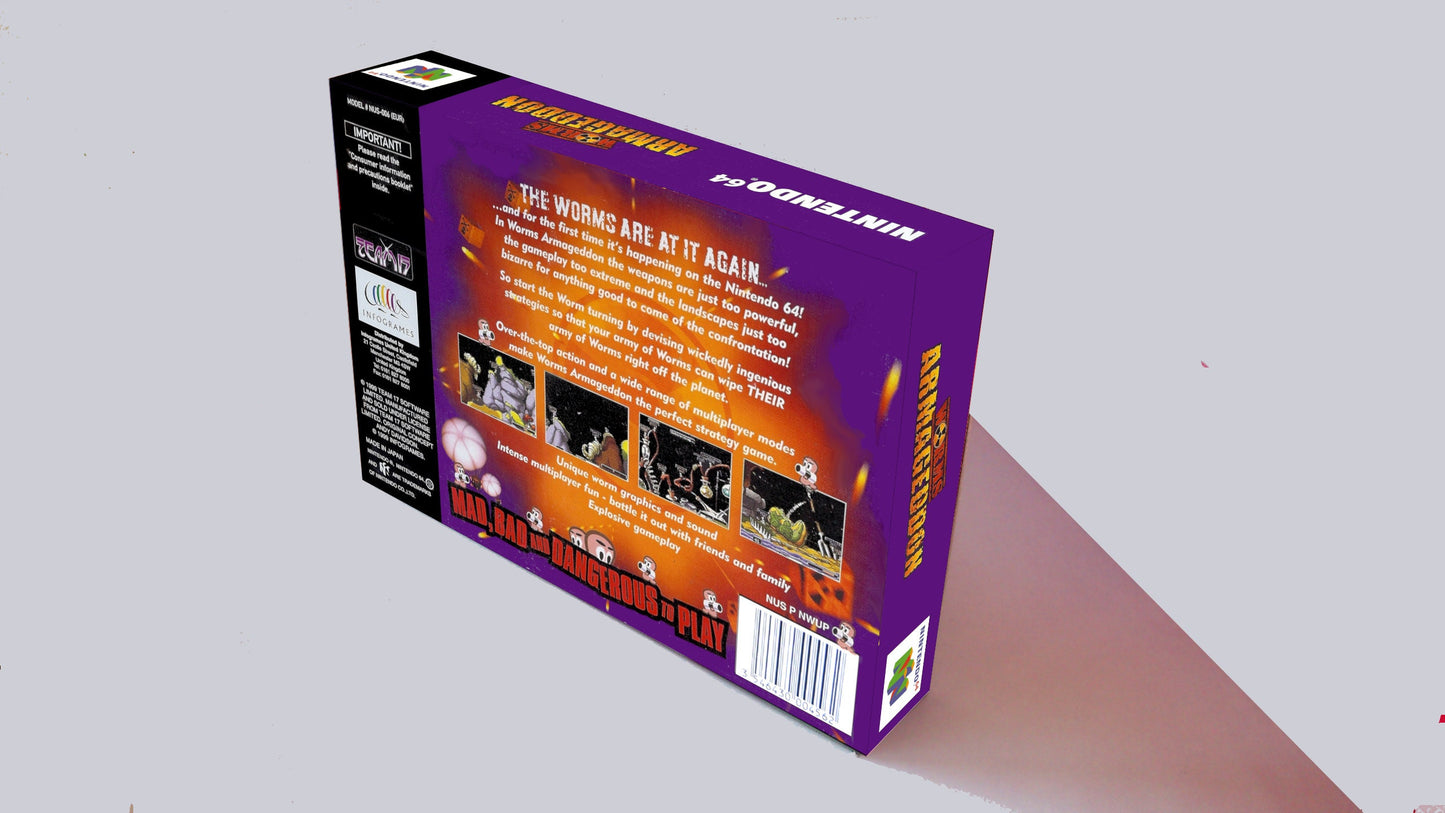 Worms Armageddon - box replacement with inner tray option - PAL, Australian PAL - Nintendo 64/ N64 - thick cardboard.