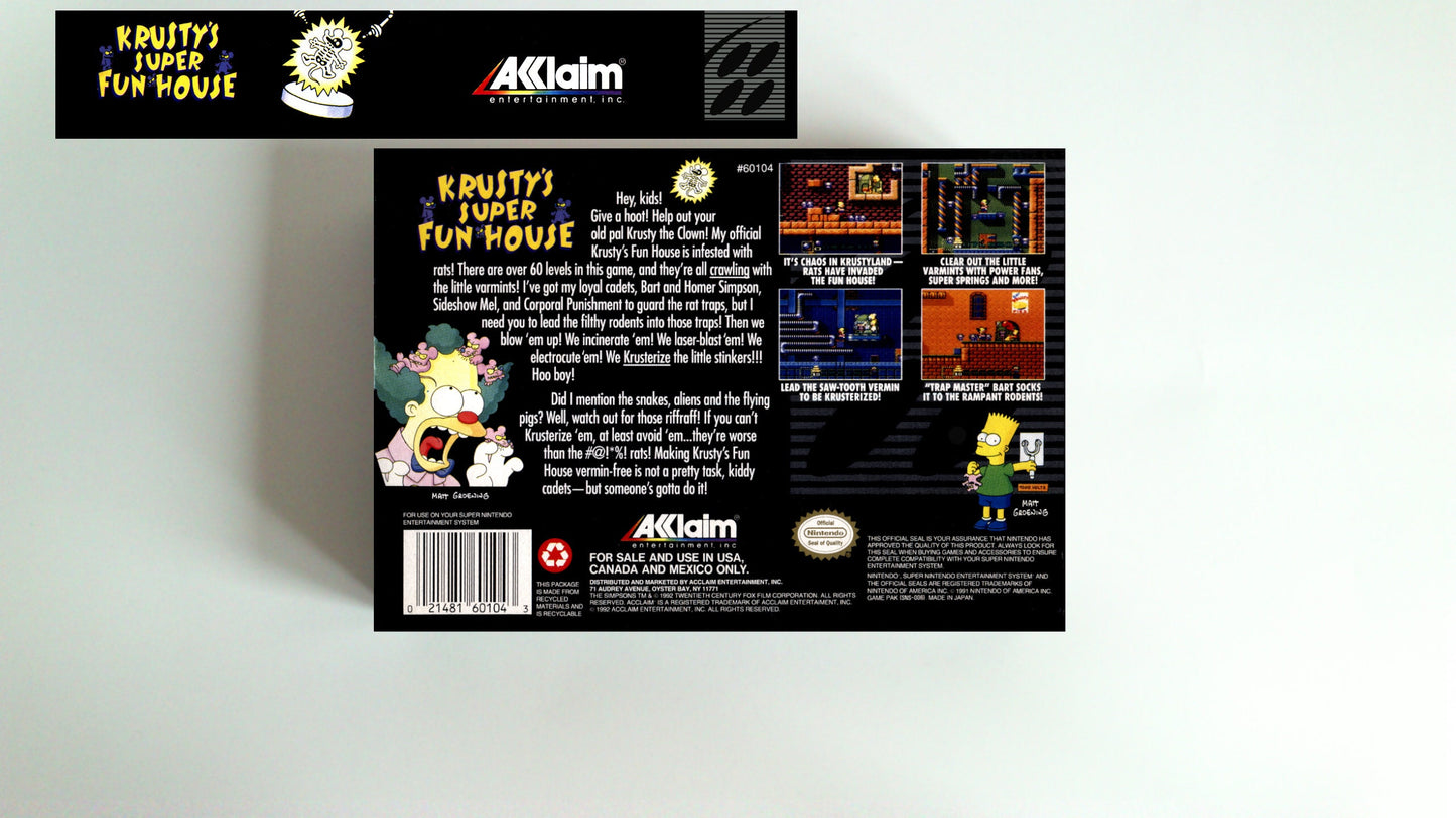 Krusty's Super Fun House - box with inner tray option - PAL or NTSC - Super Nintendo/ SNES- thick cardboard.