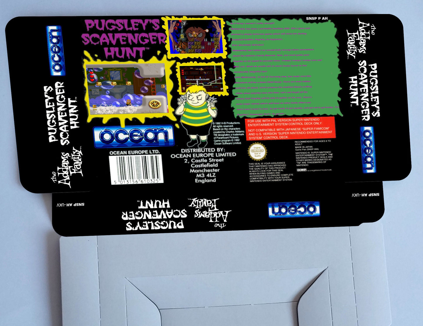 The Addams Family Pugsley's Scavenger Hunt - box with inner tray option - PAL or NTSC region - Super Nintendo/ SNES - thick cardboard.