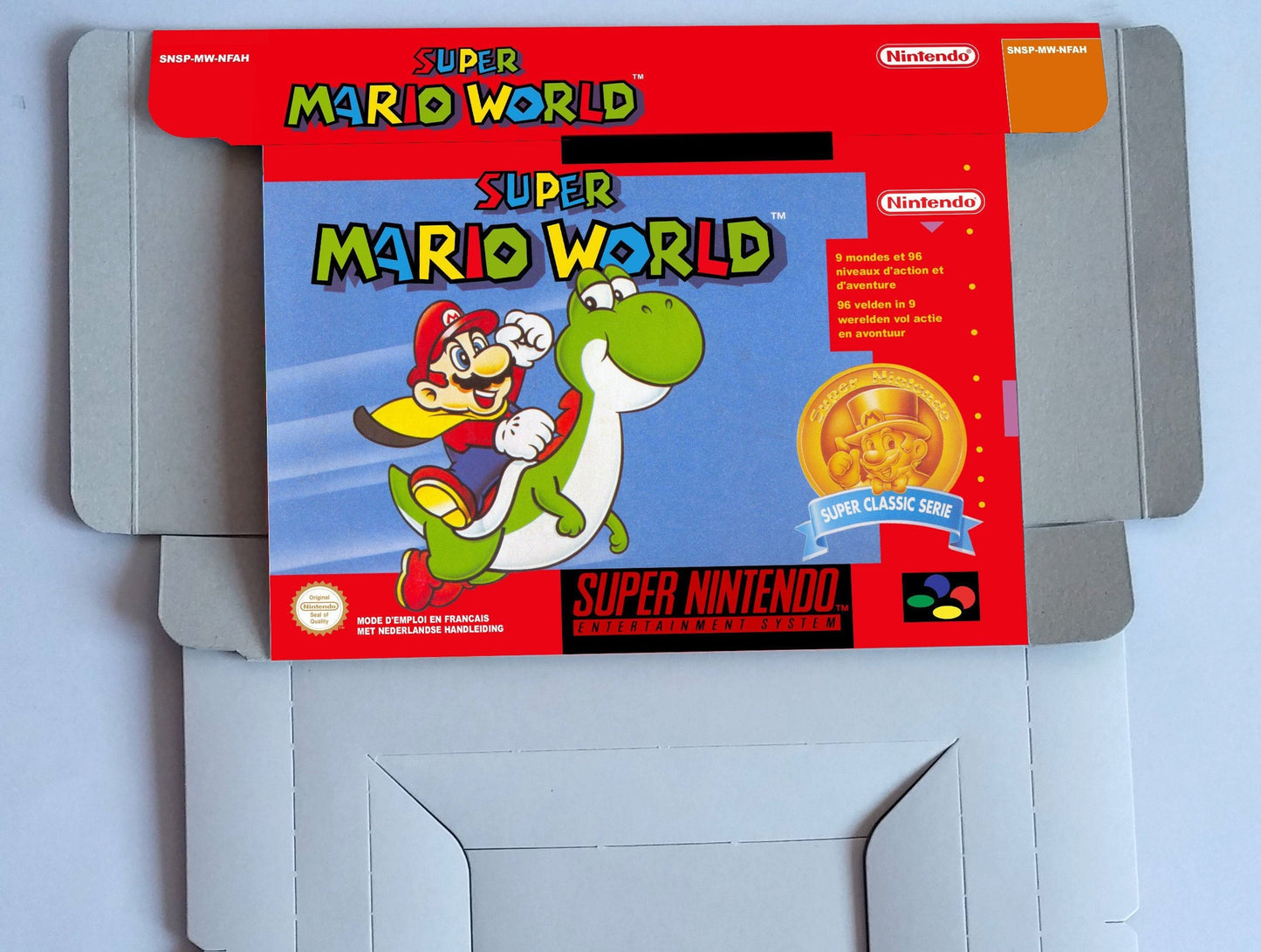 Super Mario World - NTSC or PAL - Replacement Box, Manual, Inner Tray - SNES - thick cardboard as in the original.