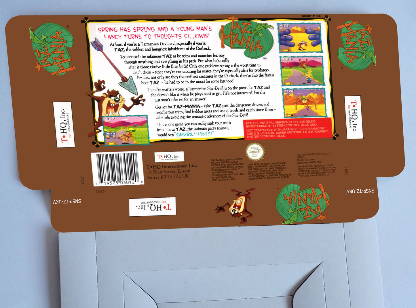 Taz Mania - box with inner tray option - PALor NTSC - Super Nintendo/ SNES- thick cardboard.