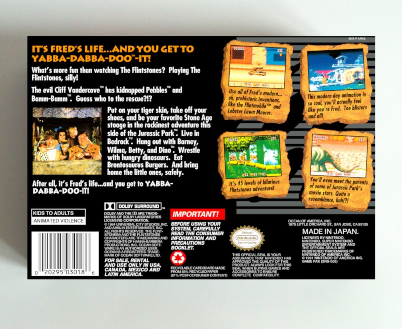 The Flintstones - box with inner tray option - NTSC - Super Nintendo/ SNES- thick cardboard.