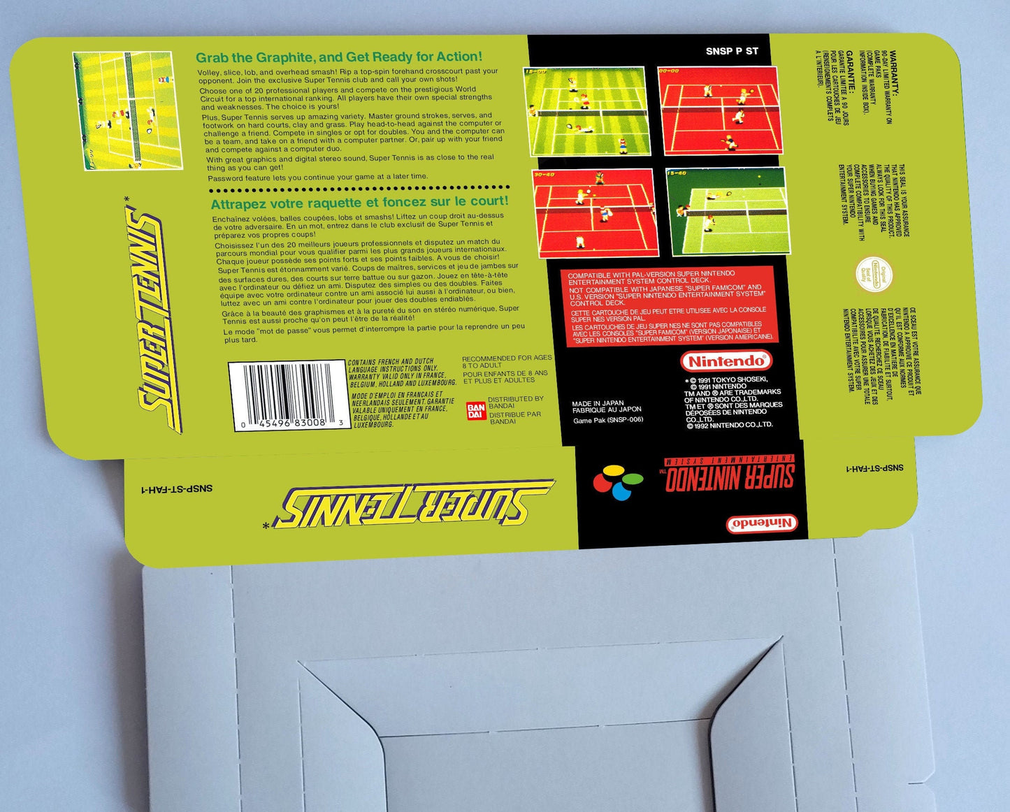 Super Tennis - box with inner tray option - PAL or NTSC - Super Nintendo/ SNES - thick cardboard. Top Quality !