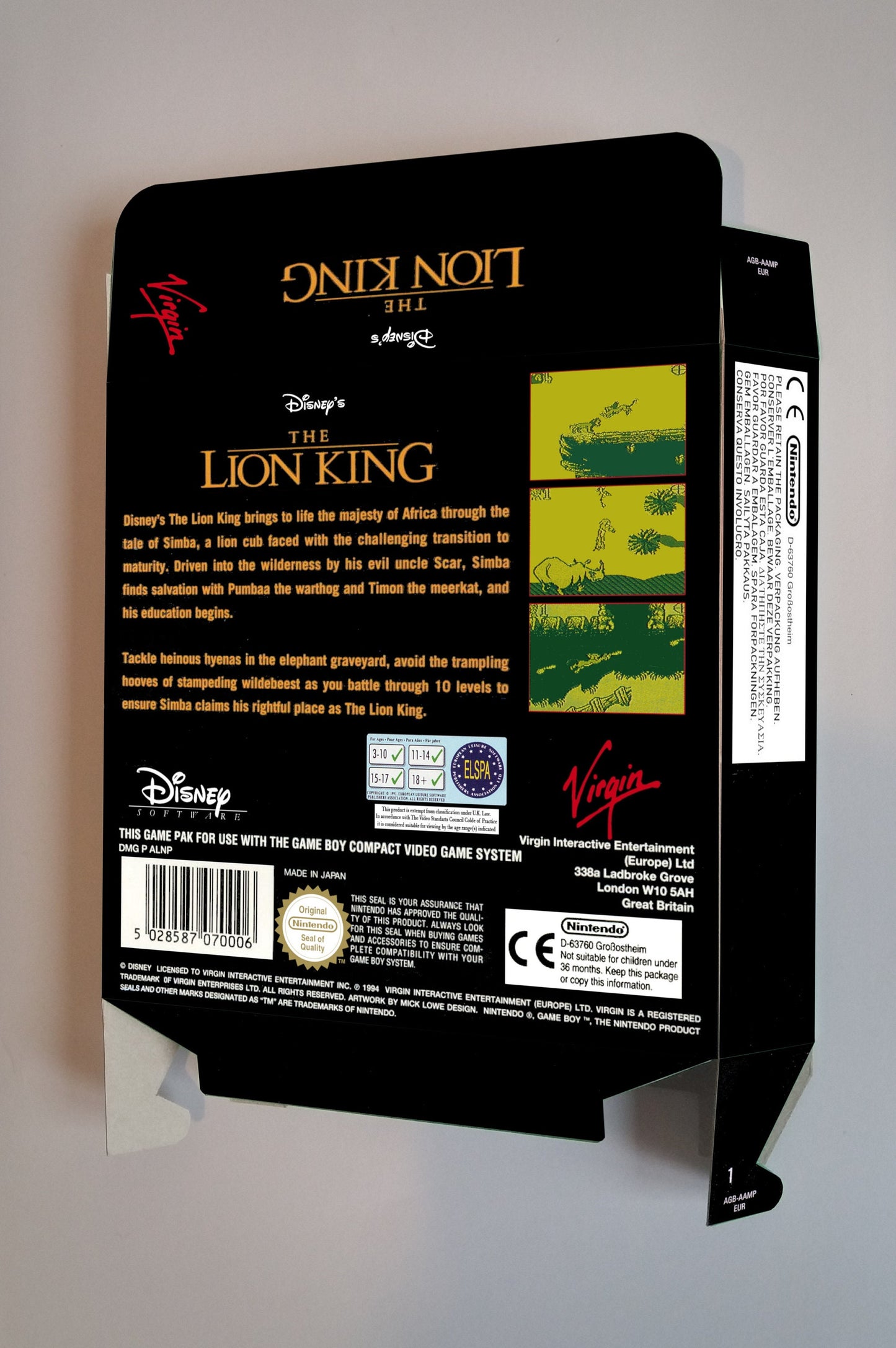The Lion King - box with inner tray option - Game Boy/ GB - PAL - thick cardboard. Top Quality !!