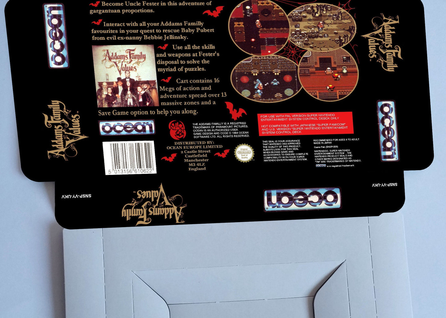 Addams Family Values - box with tray option - SNES - thick cardboard as in the original.