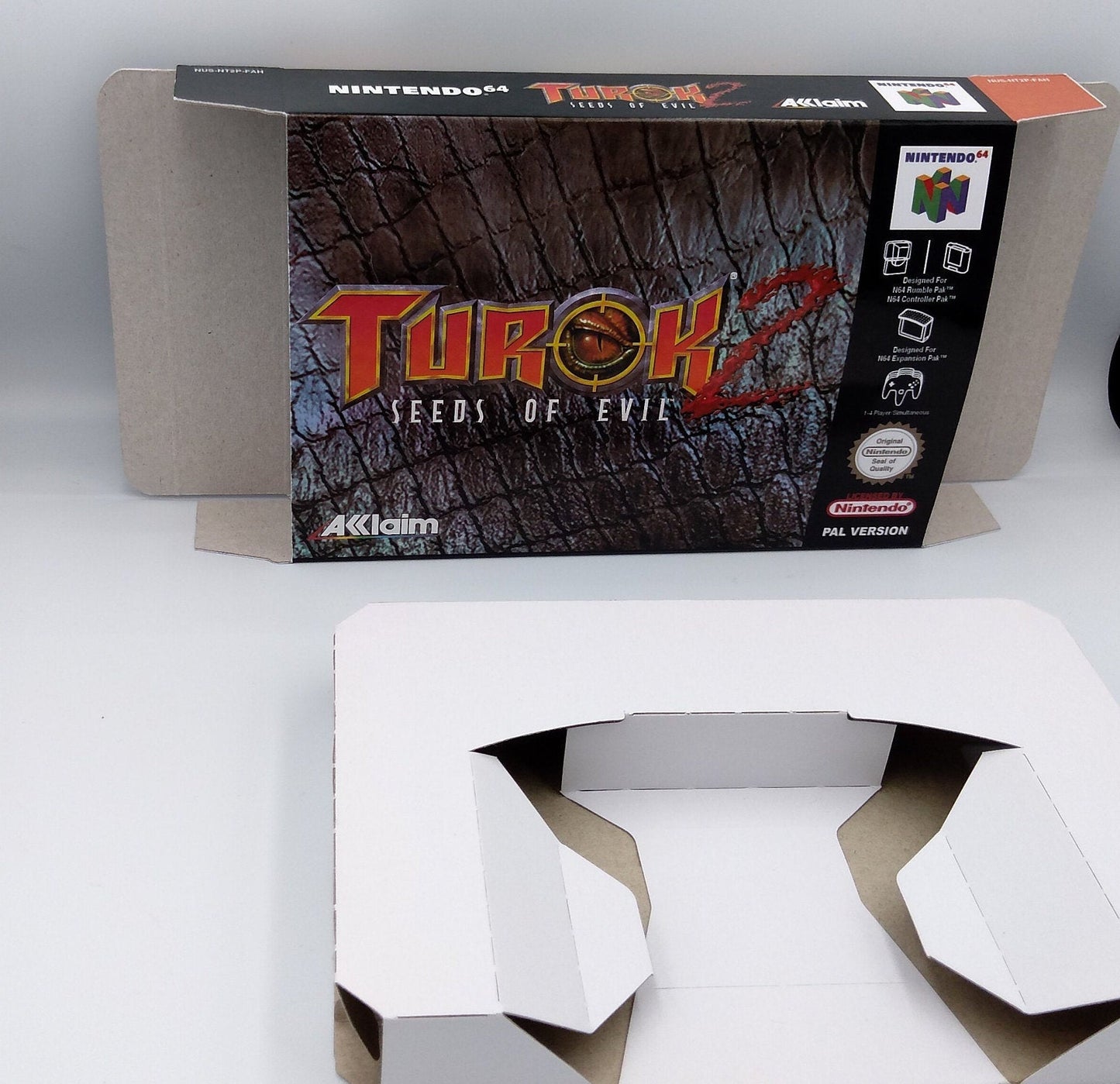 Turok 2 Seeds of Evil - box with inner tray option - PAL, NTSC or Australian PAL - N64 - thick cardboard as in the original. Top Quality !!
