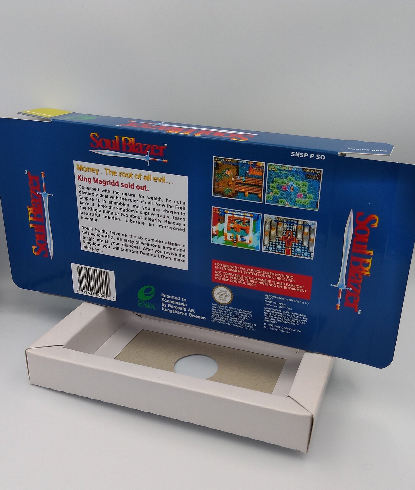 Soul Blazer - NTSC or PAL - box with inner tray option - SNES - thick cardboard as in the original. Very Rare !