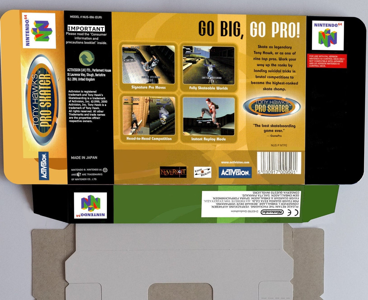 Tony Hawk's Pro Skater - Box with inner tray option - PAL - N64 - thick cardboard as in the original. Top Quality !!