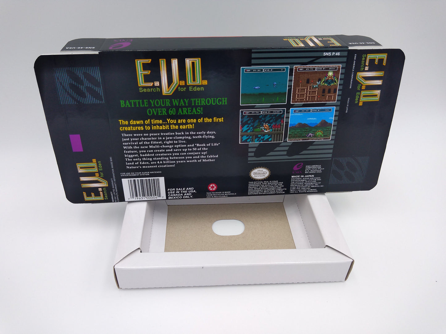 E.V.O.: Search for Eden - Box with inner tray option - SNES - NTSC or Pal Region - thick cardboard as in the original. Top Quality !!