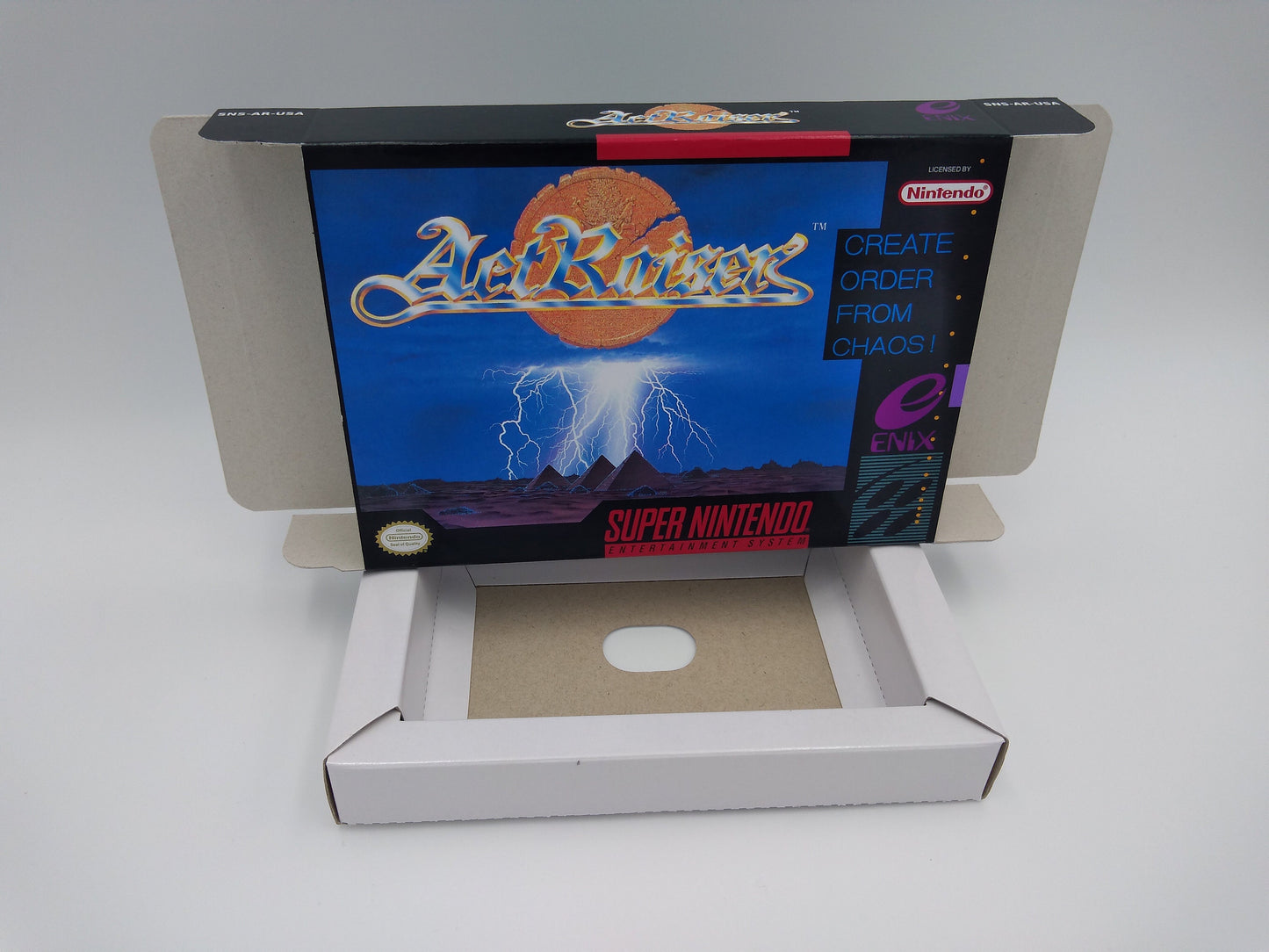 ActRaiser - NTSC or PAL - box with inner tray option - SNES - thick cardboard as in the original. Top Quality !!
