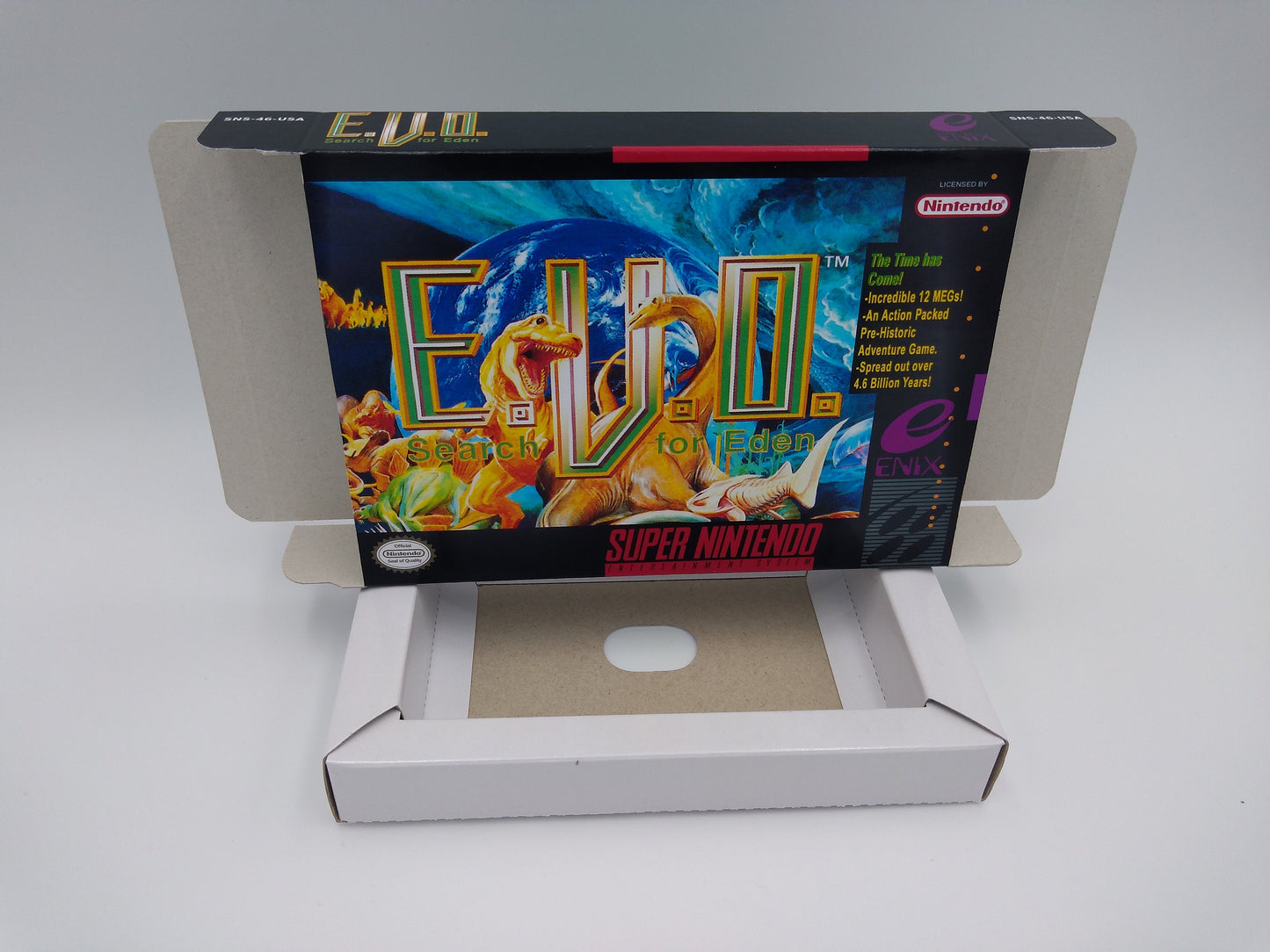 E.V.O.: Search for Eden - Box with inner tray option - SNES - NTSC or Pal Region - thick cardboard as in the original. Top Quality !!