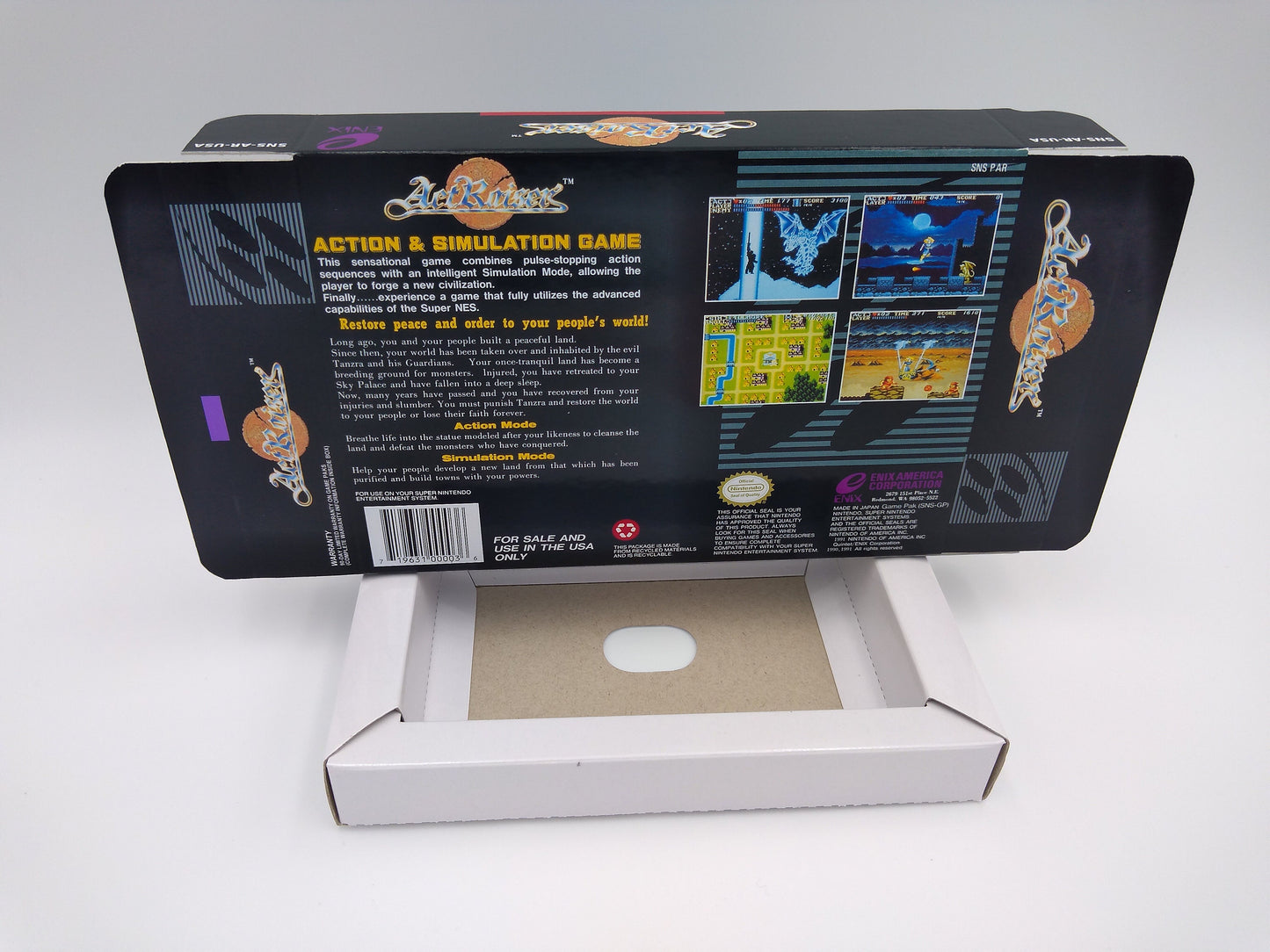 ActRaiser - NTSC or PAL - box with inner tray option - SNES - thick cardboard as in the original. Top Quality !!