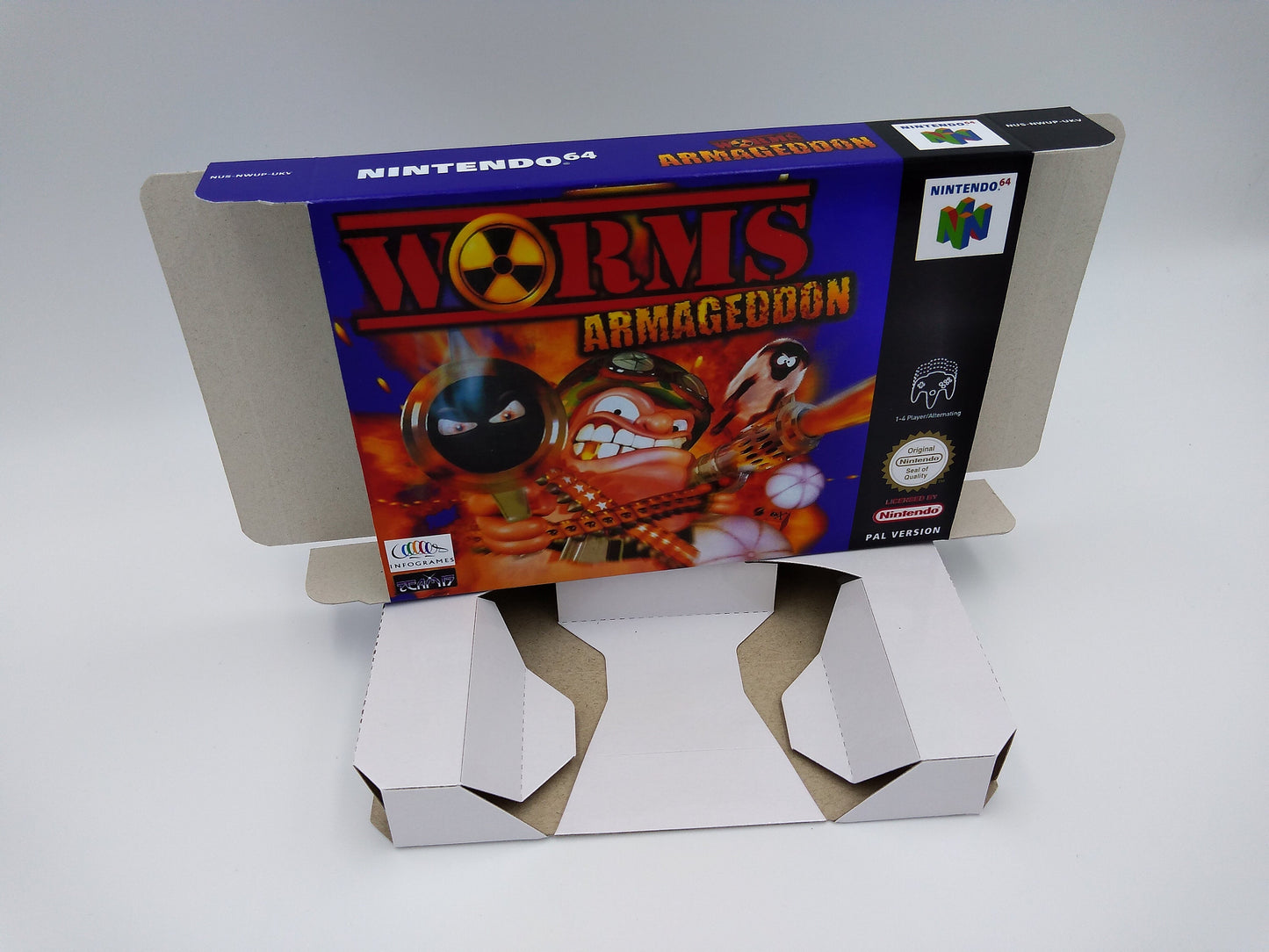 Worms Armageddon - box replacement with inner tray option - PAL, Australian PAL - Nintendo 64/ N64 - thick cardboard.
