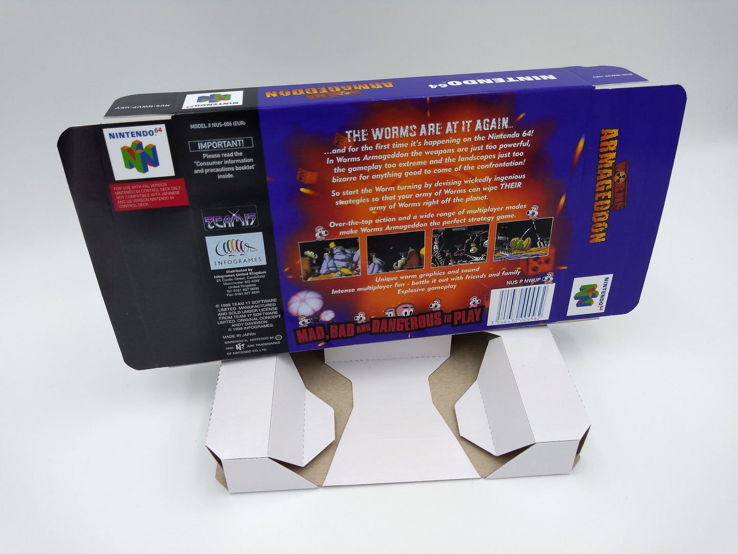Worms Armageddon - box replacement with inner tray option - PAL, Australian PAL - Nintendo 64/ N64 - thick cardboard.