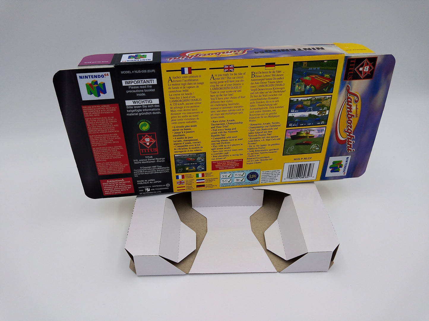 Automobili Lamborghini - box with inner tray option - NTSC, PAL or Australian PAL - Nintendo 64/ N64 - thick cardboard as in the original.