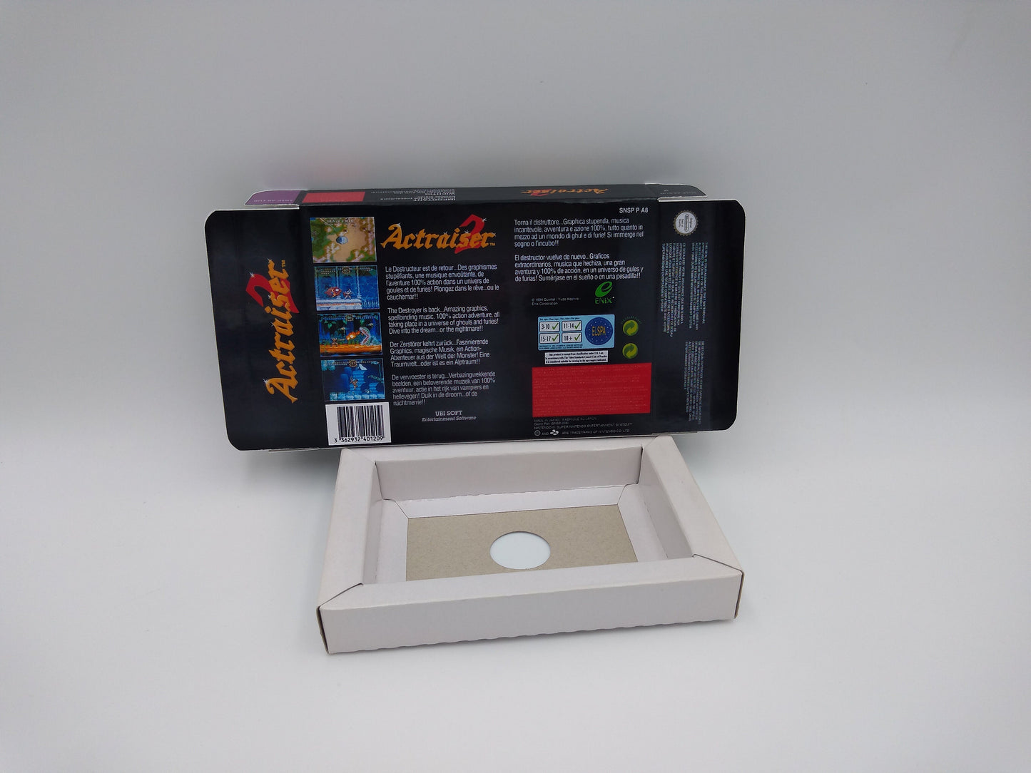 Act Raiser 2 - box with inner tray option - PAL or NTSC - SNES - thick cardboard as in the original.