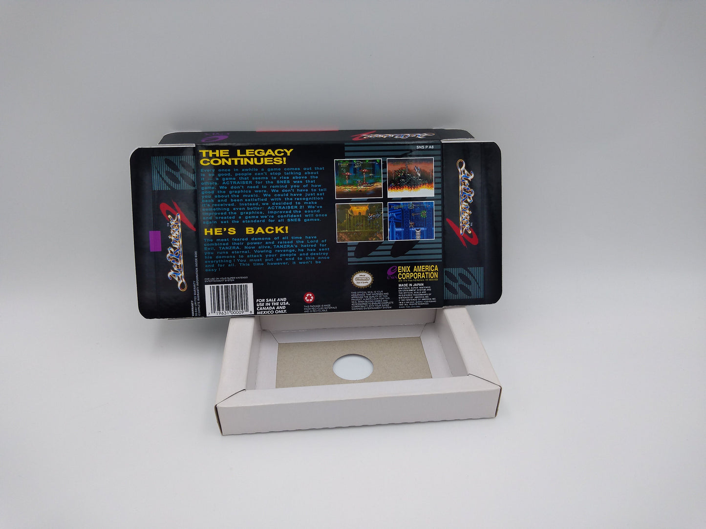 Act Raiser 2 - box with inner tray option - PAL or NTSC - SNES - thick cardboard as in the original.