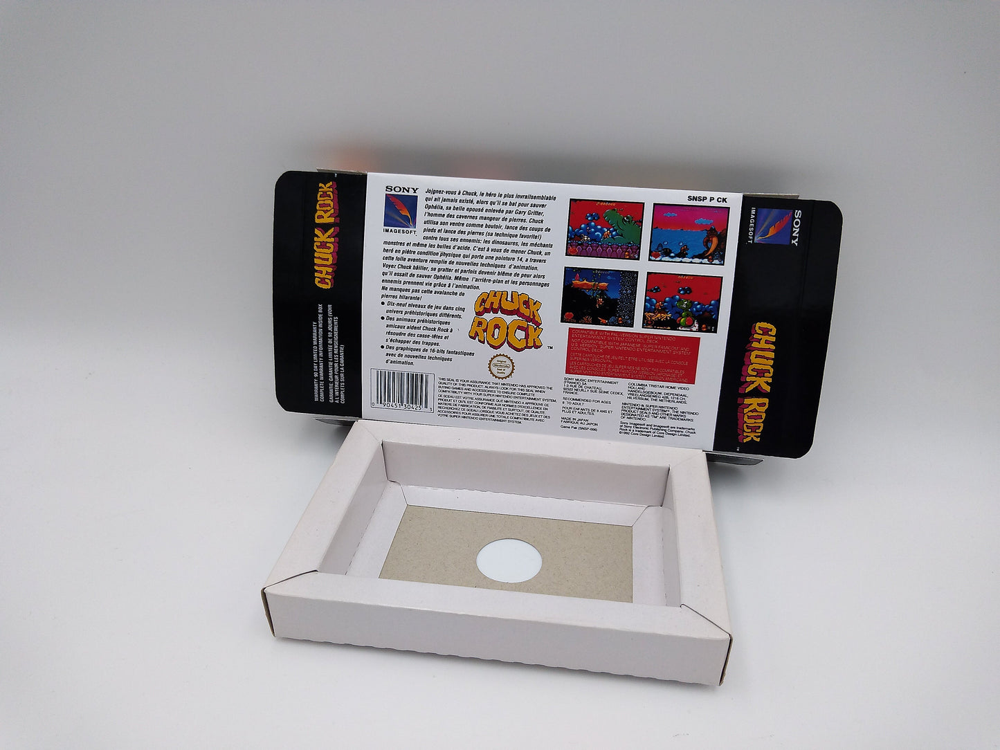 Chuck Rock - box reproduction with inner tray option - PAL or NTSC region - Super Nintendo - thick cardboard as in the original.