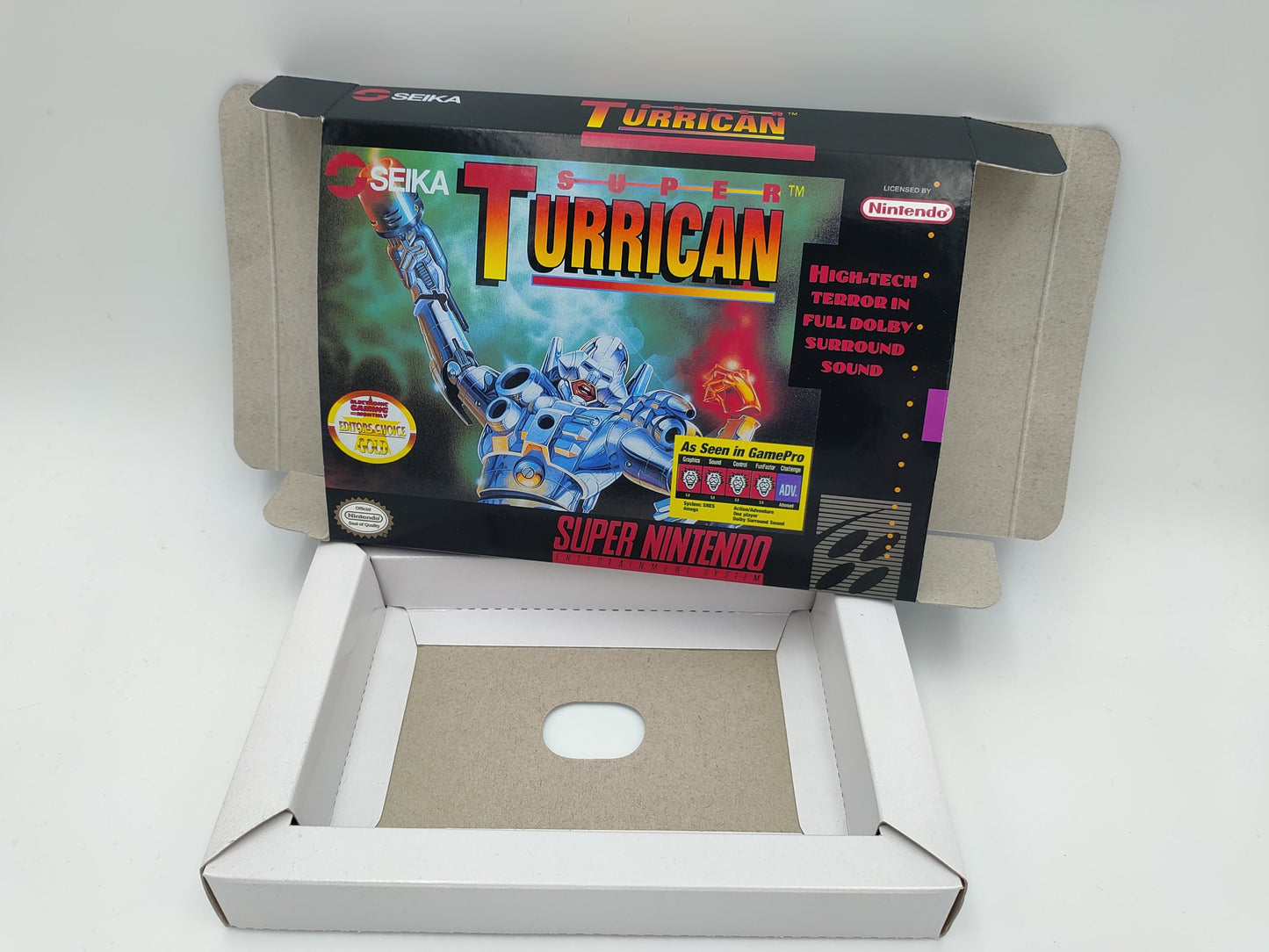 Super Turrican - NTSC or PAL - box with inner tray option - SNES - thick cardboard as in the original.
