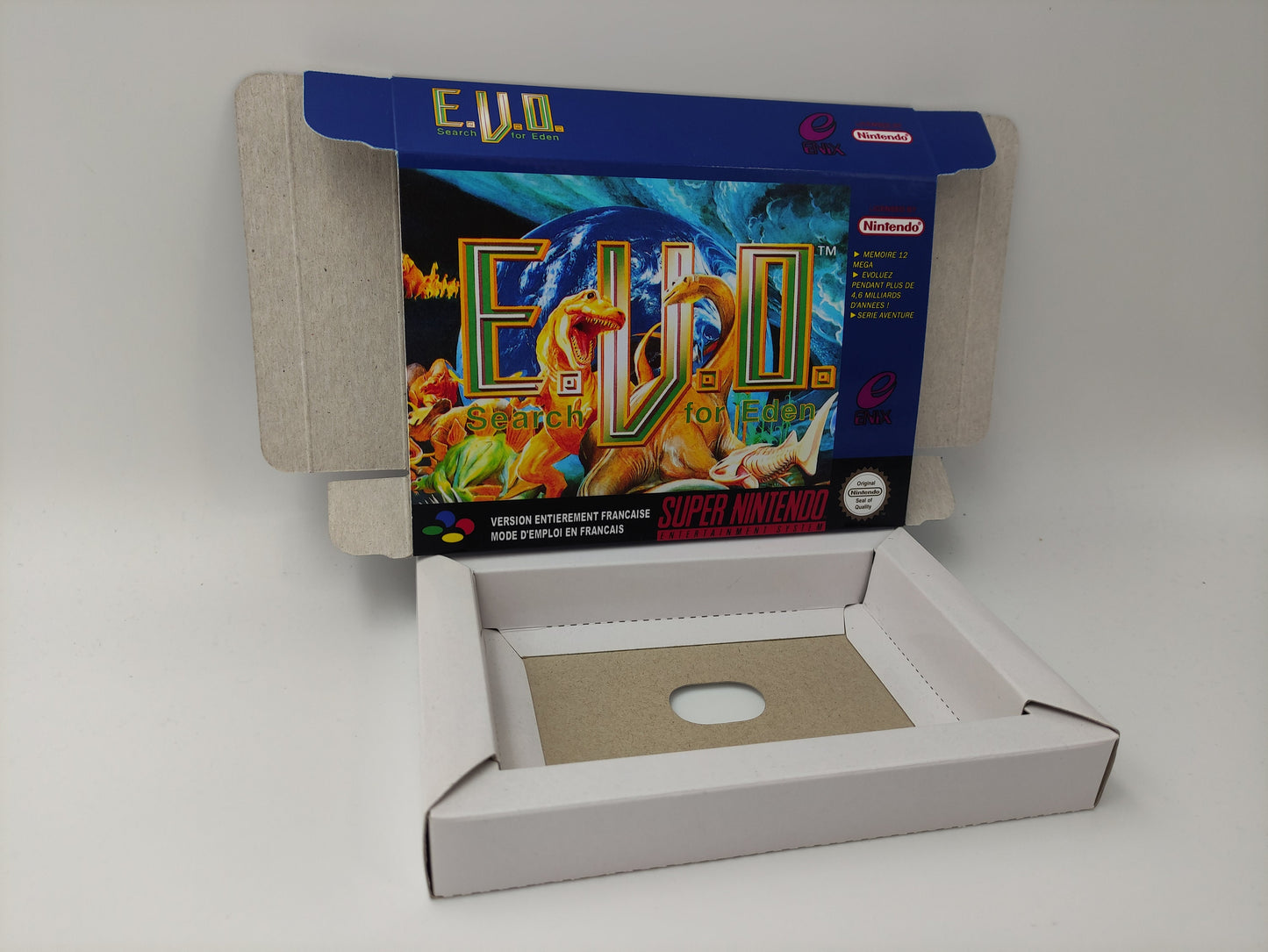 E.V.O.: Search for Eden - Box with inner tray option - SNES - NTSC or Pal Region - thick cardboard as in the original. Top Quality !!