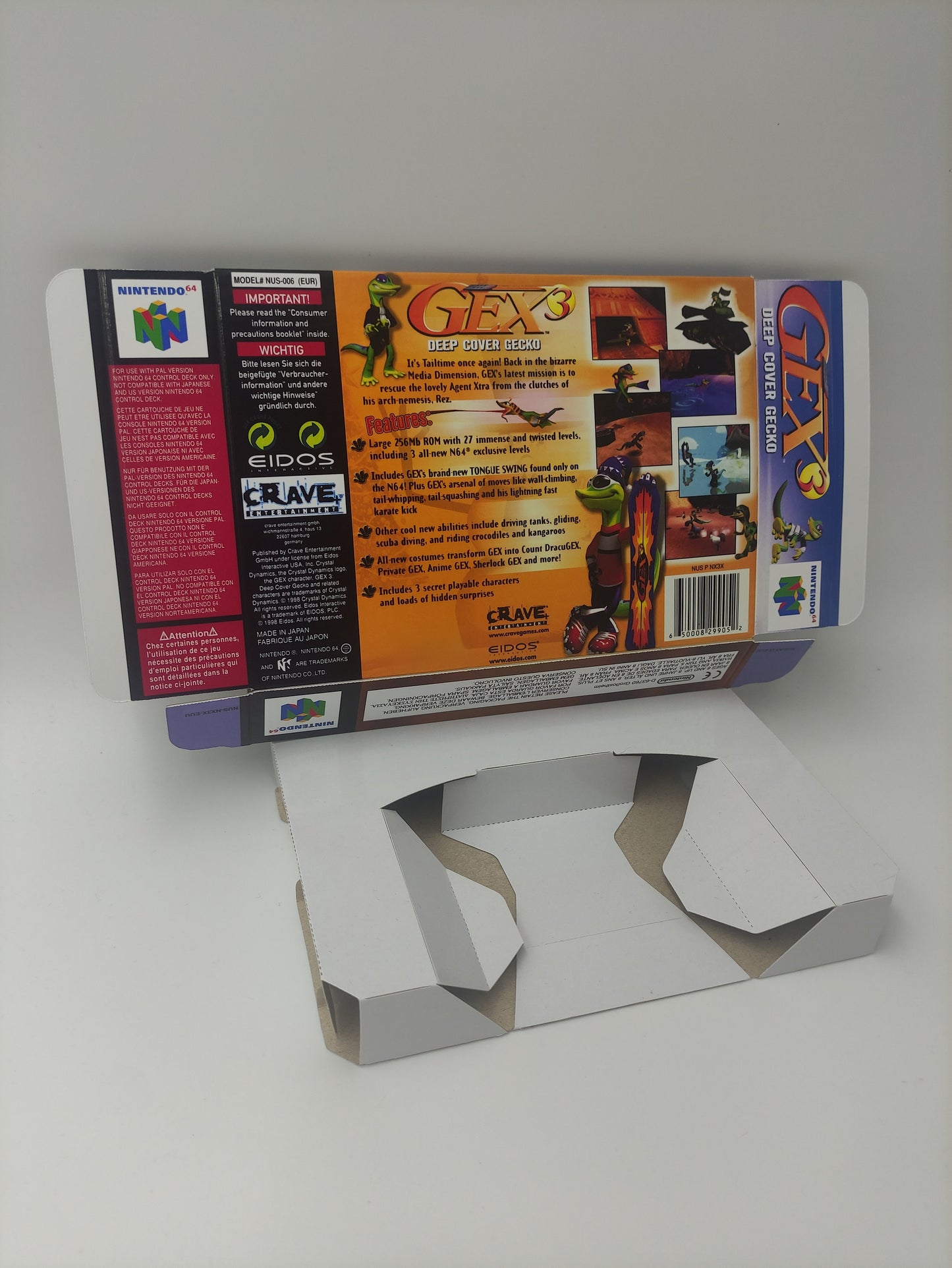 Gex 3: Deep Cover - box with inner tray option - Nintendo 64 - thick cardboard. Top Quality !!