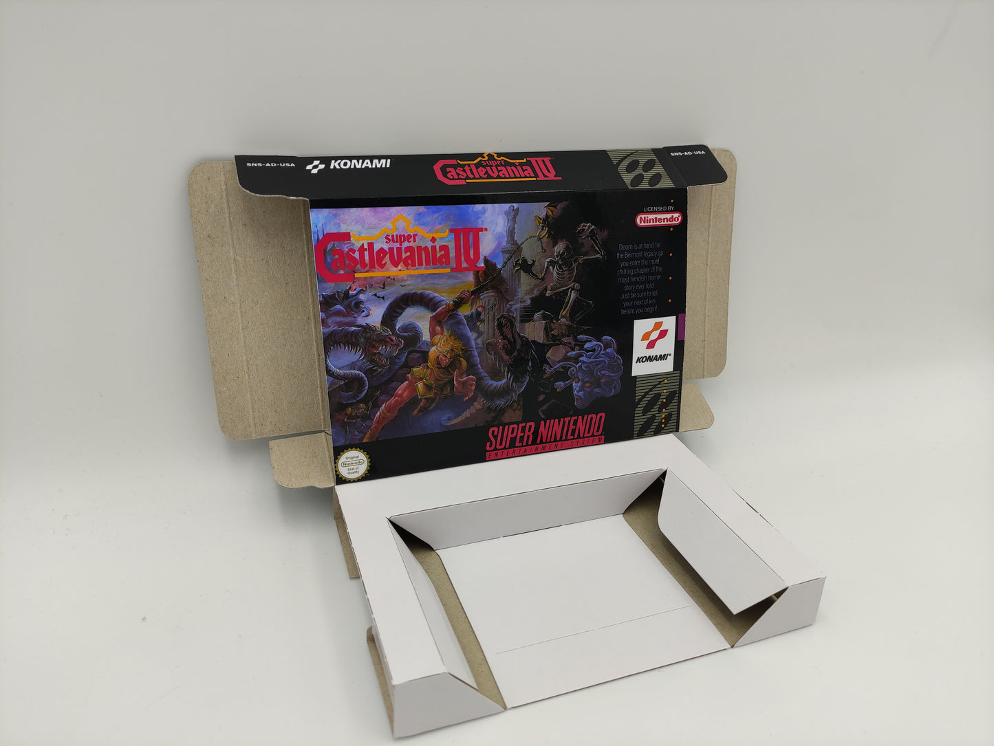 Super Castlevania IV - Box Replacement, Manual, Inner Tray - PAL or NTSC - Snes - thick cardboard as in the original. Top Quality !