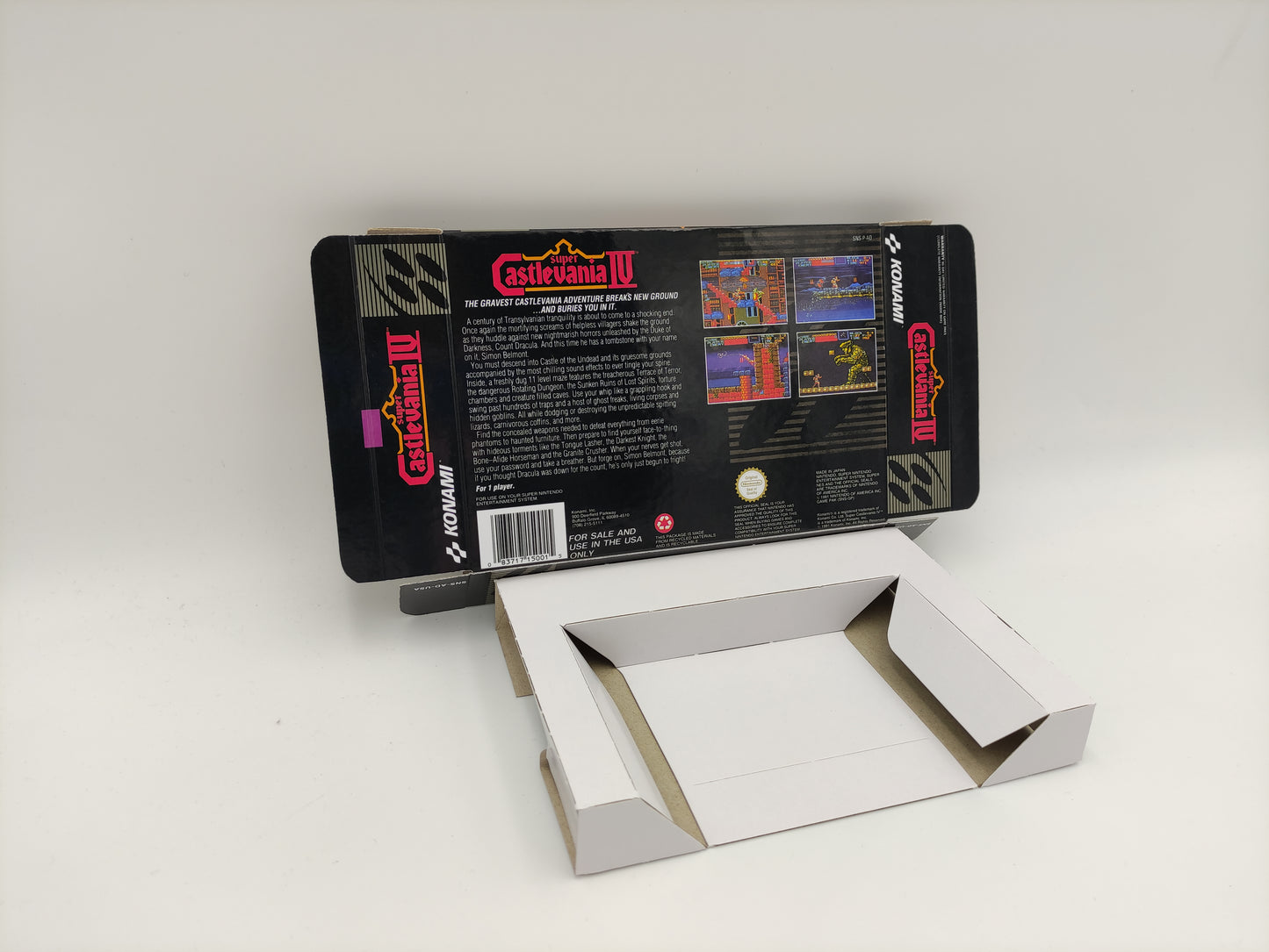 Super Castlevania IV - Box Replacement, Manual, Inner Tray - PAL or NTSC - Snes - thick cardboard as in the original. Top Quality !