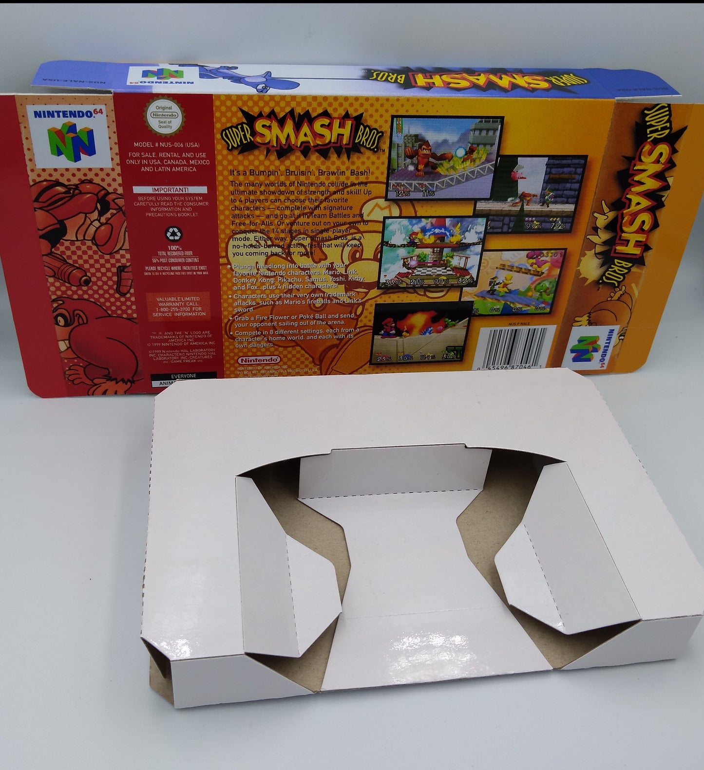 Super Smash Bros box with inner tray option - Nintendo 64 - PAL, NTSC, Australian PAL, Japan Ntsc - thick cardboard as in the original.
