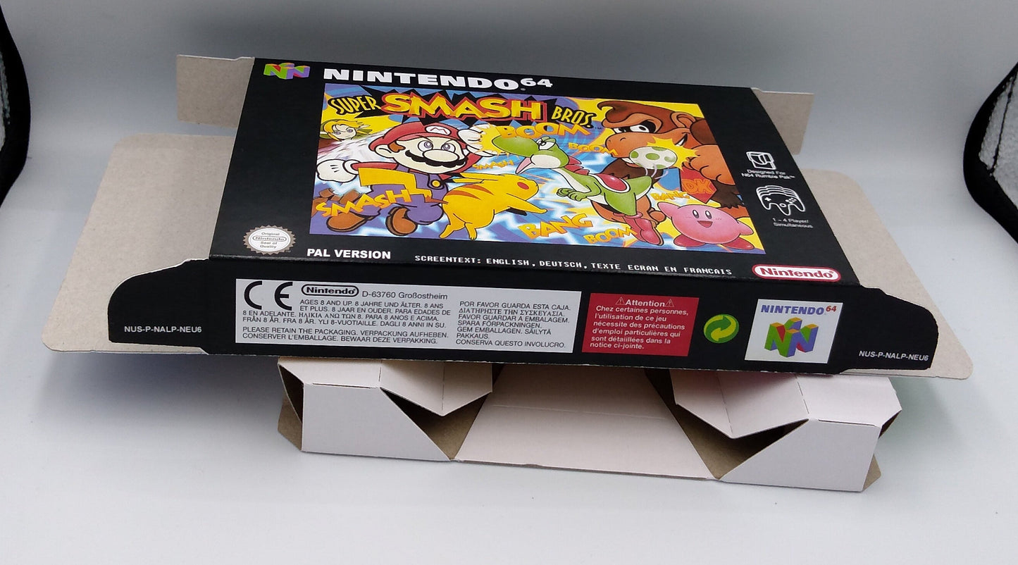 Super Smash Bros box with inner tray option - Nintendo 64 - PAL, NTSC, Australian PAL, Japan Ntsc - thick cardboard as in the original.